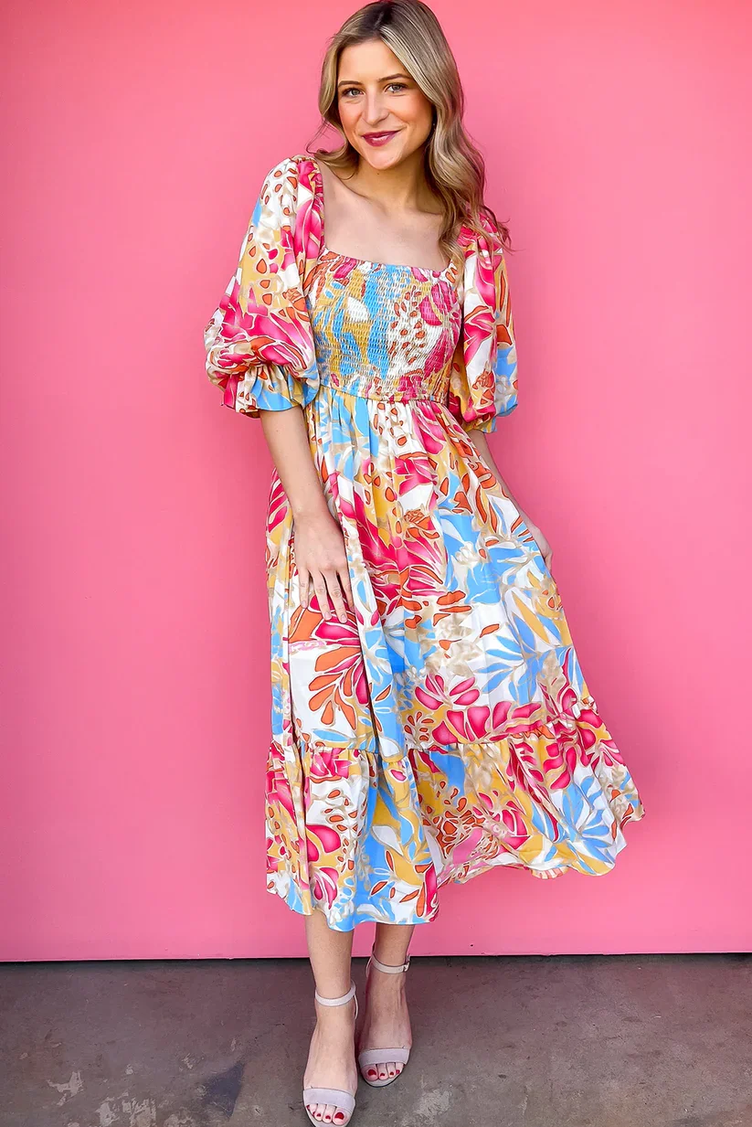 LTX-0448 Tropical Print Smocked Bodice Puff Sleeve Maxi Dress 7 PACK
