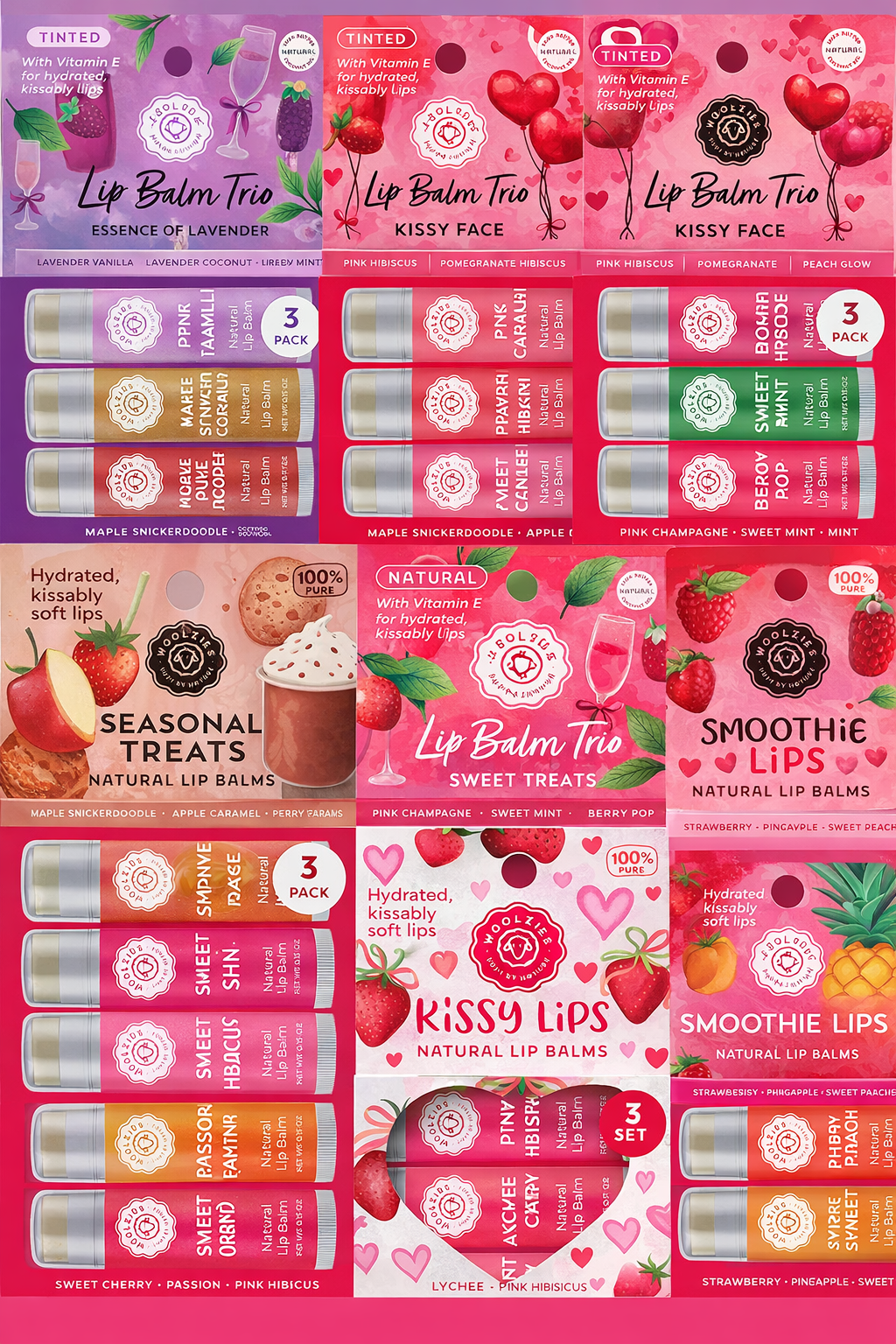 WOOLZIES - NATURAL SHEA BUTTER LIP BALM (TRIOS & SETS OF 4) - (3 SETS OF 3)