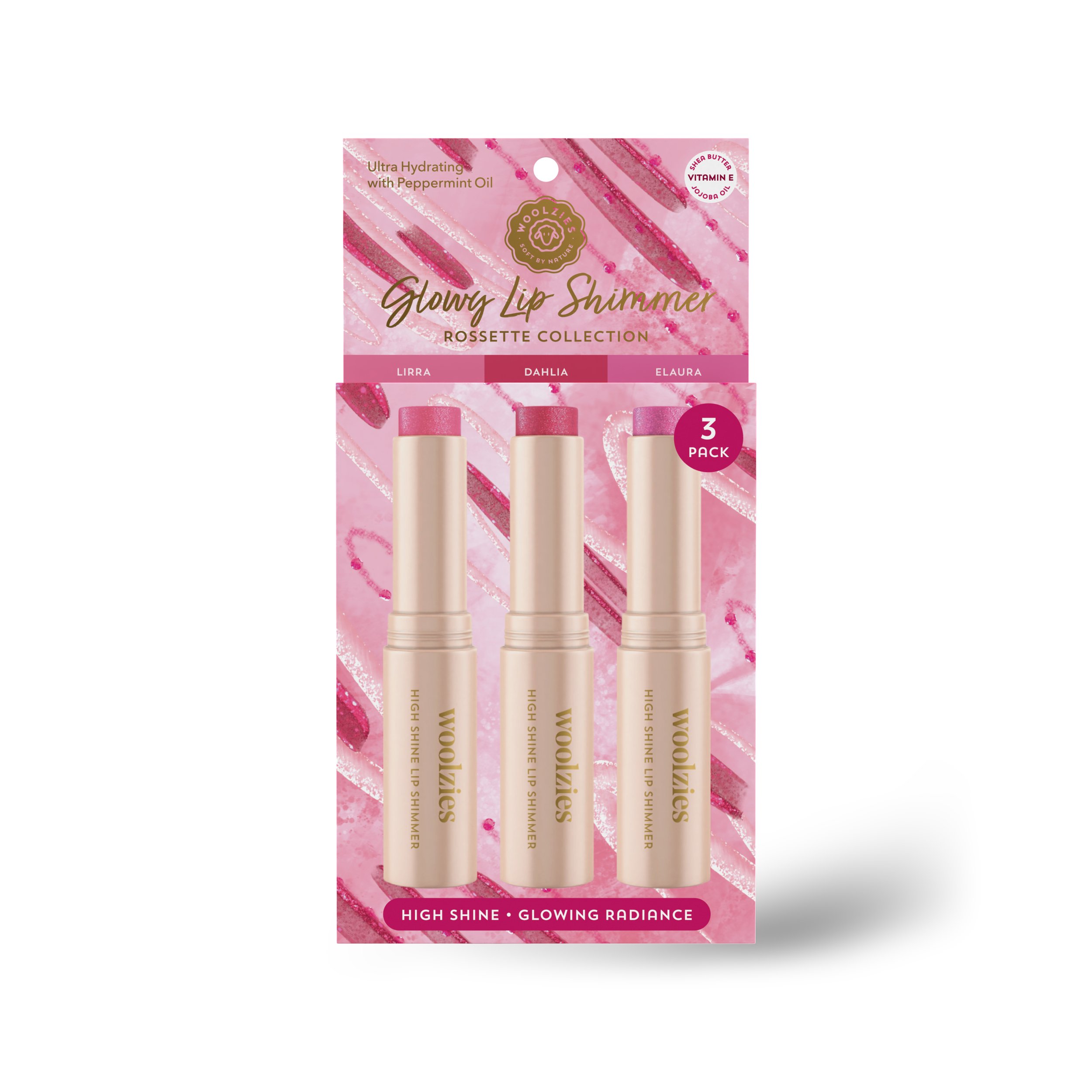 WOOLZIES - GLOWY LIP SHIMMER TRIO - ROSEETTE COLLECTION - 3 SETS OF 3