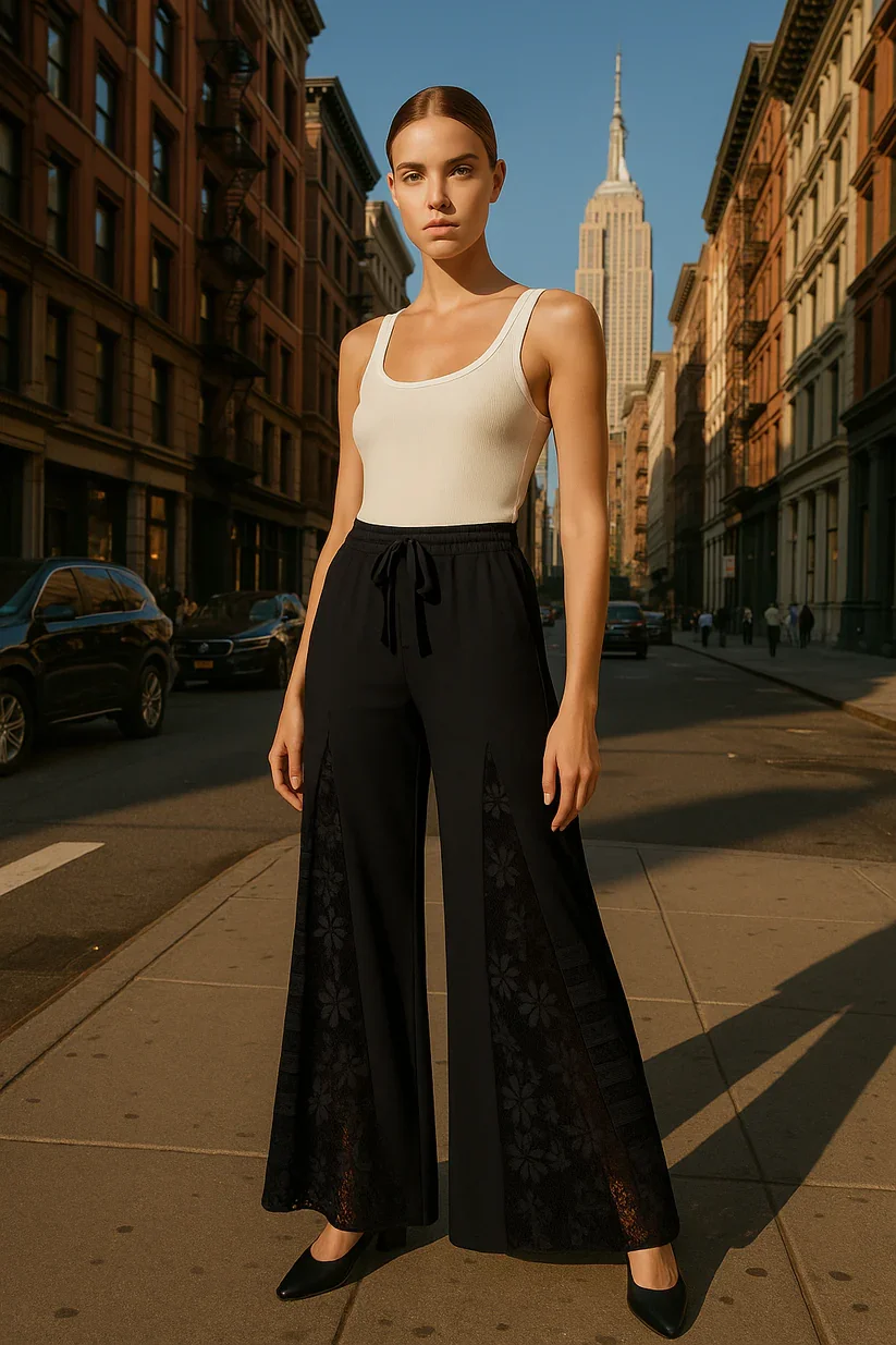 LTX- 3255 BLACK BOHO LACE PATCHWORK WIDE LEG HIGH WASTED PANTS-6 PACK