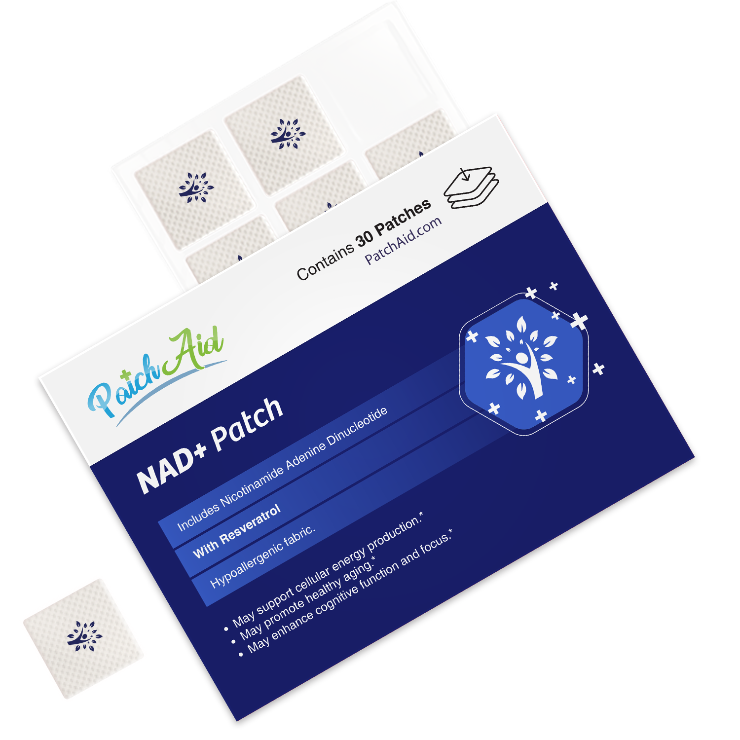 Packaging for NAD+ patches from Patch Aid, containing 30 patches, with text detailing ingredients, features, and benefits.