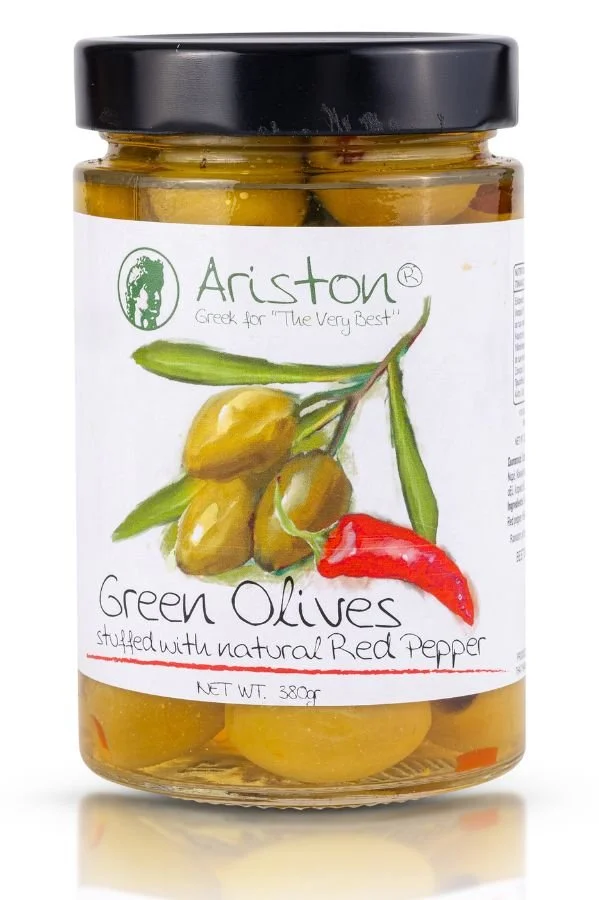 ARISTON GREEN OLIVES STUFFED WITH RED PEPPERS