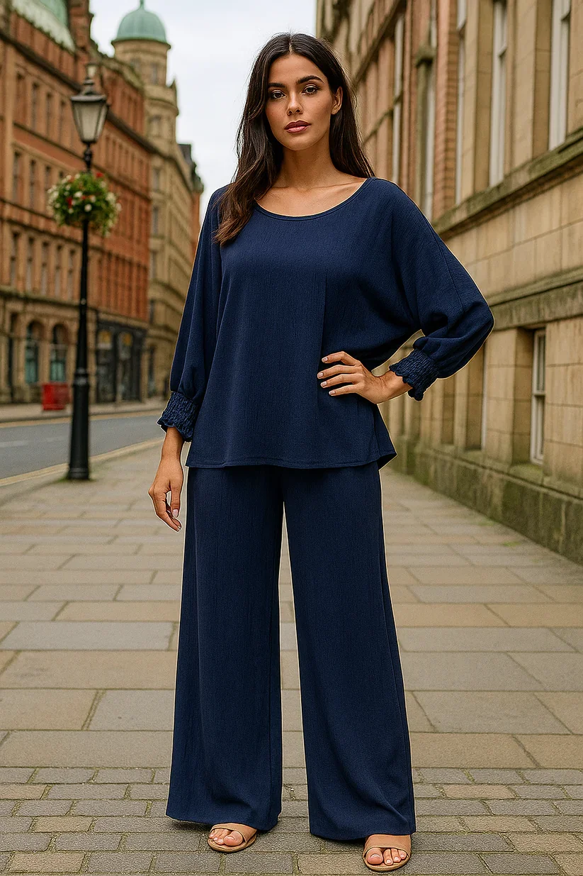 LTX-6547 Navy Blue Smocked Sleeve Blouse and 1234 Pants Two-Piece Set-6 PACK