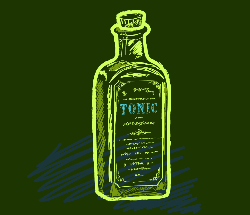 A hand-drawn illustration of a green-tinted bottle labeled "Tonic" on a dark green background.