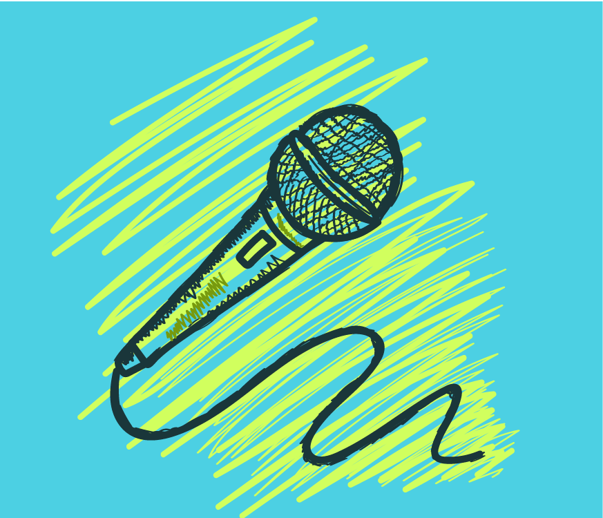 A sketch of a microphone on a blue background with yellow scribbles.