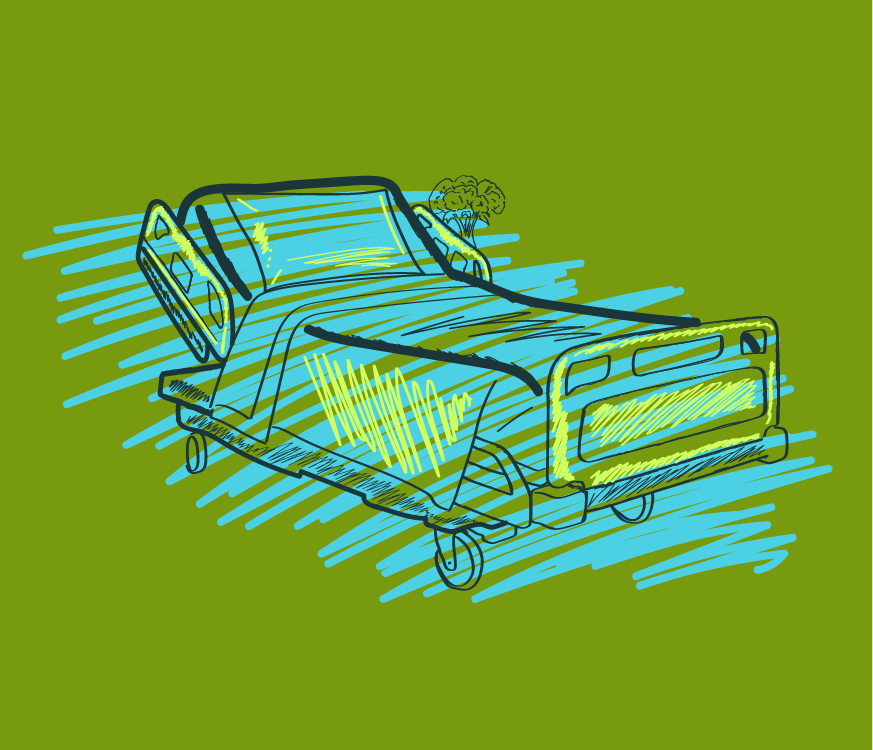 Illustration of a hospital bed with a nurse's hat and stethoscope hanging on the side, set against a green background.