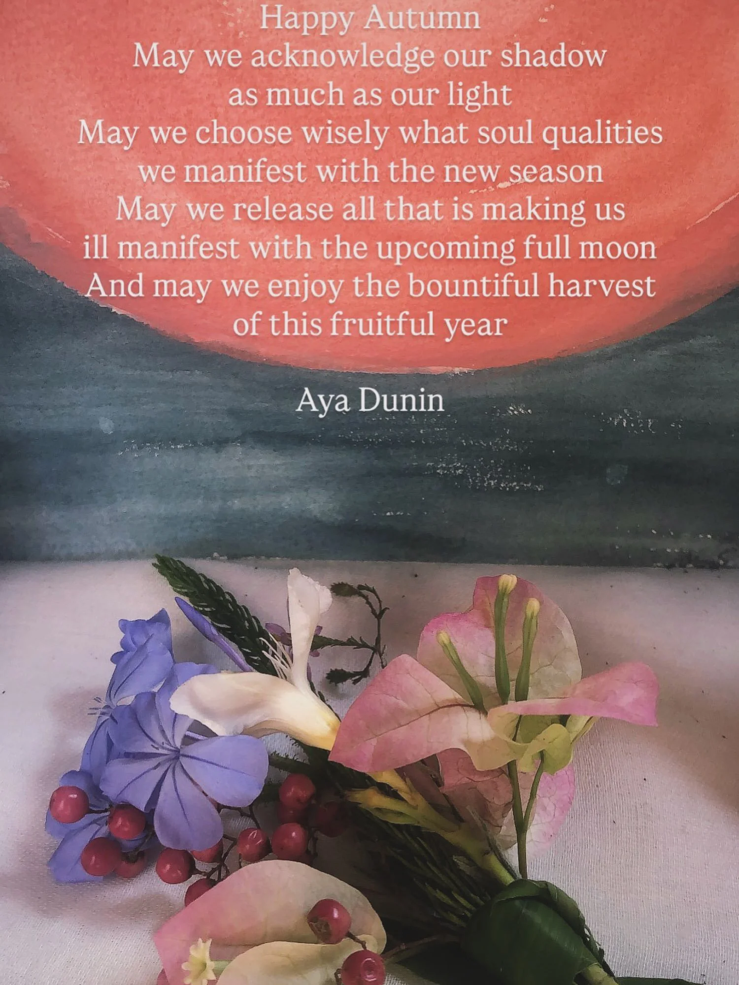 Joyeux automne

Puissions-nous reconna&icirc;tre notre ombre autant que notre lumi&egrave;re
Puissions-nous choisir avec sagesse ce que deviendra cette nouvelle saison Puissions-nous nous lib&eacute;rer de tout ce qui nous emp&ecirc;che de nous &eacu