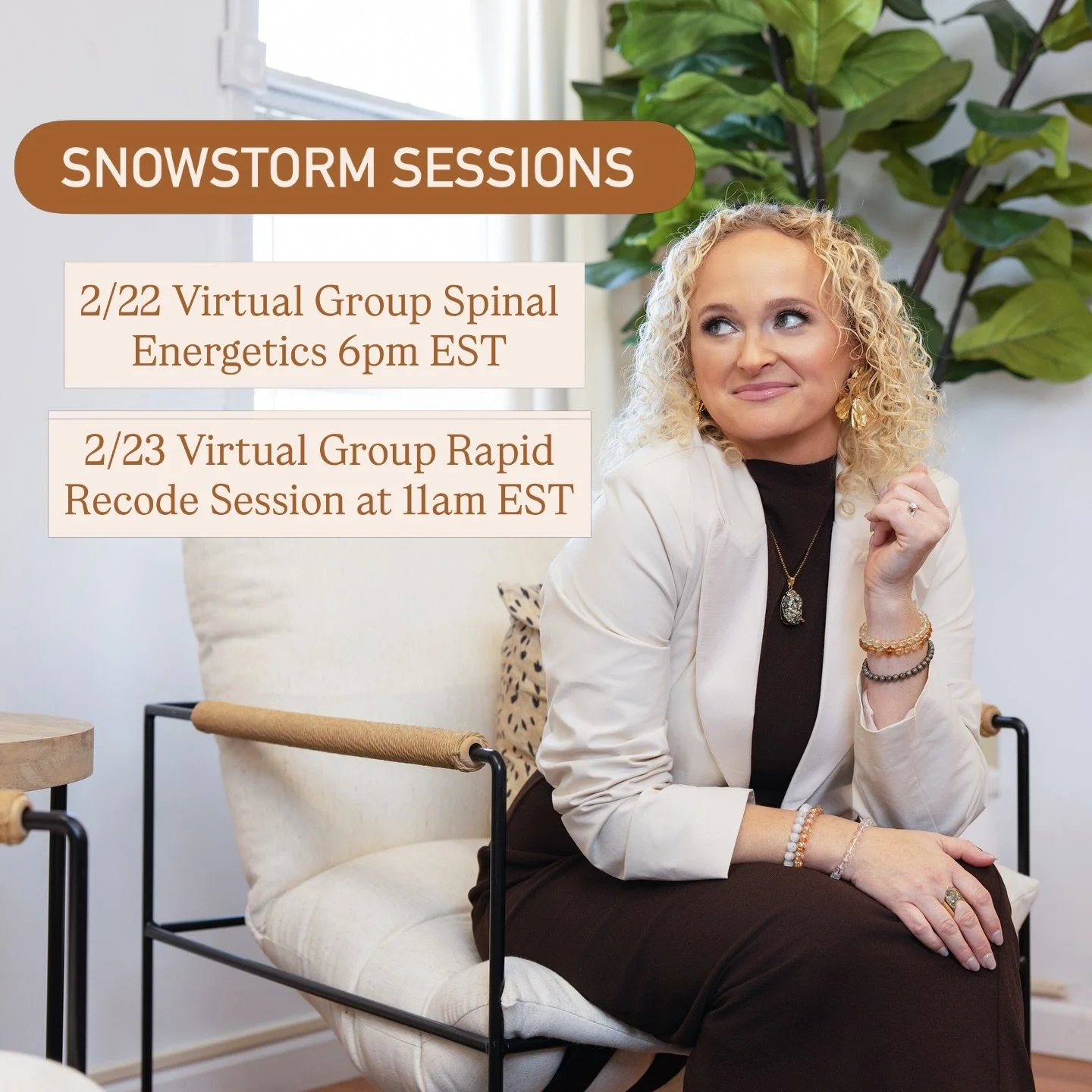 Looking for something to do during the snowstorm? Sign up for one of my virtual snowstorm sessions ❄️

⚡️2/22 at 6pm EST: Virtual Group Spinal Energetics Session. And it&rsquo;s also the 222 portal! Spinal Energetics works with the energy of your spi