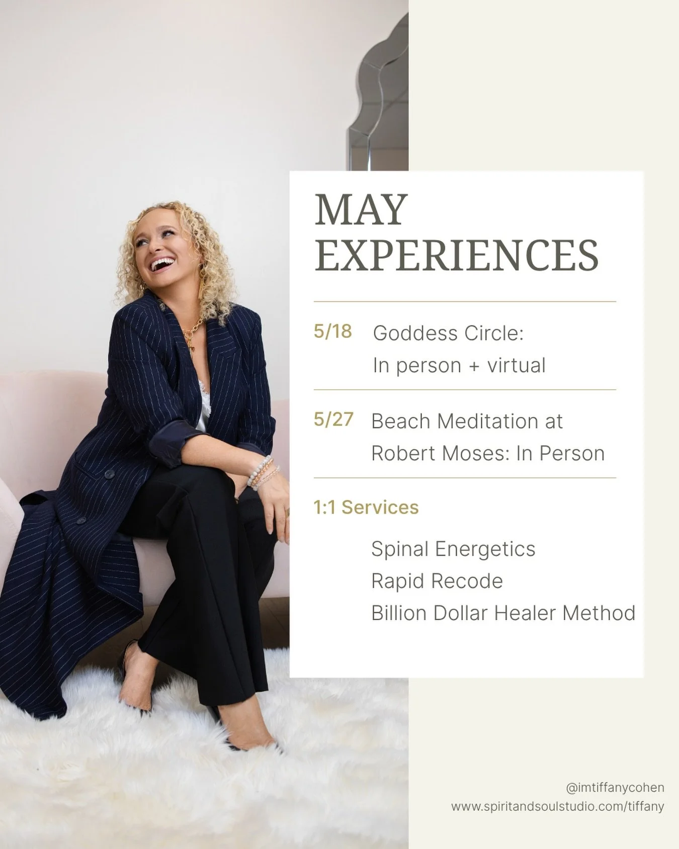 May is open ✨Here&rsquo;s what I have going on 👇

👑Goddess Circle (in person + virtual) 
🌊Beach Meditation at Robert Moses 
⚡️1:1 sessions: Spinal Energetics, Rapid Recode, BDH Method

If you&rsquo;ve been meaning to book, come to a class, or just