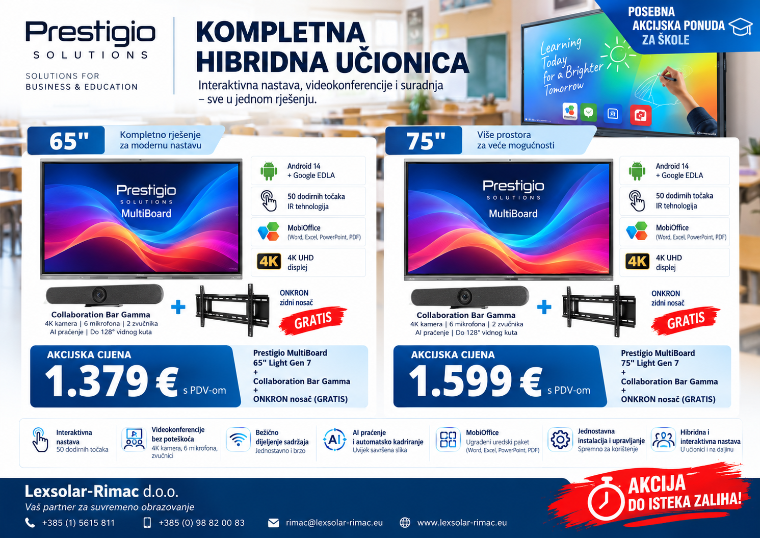 Kompletna hibridna učionica Prestigio – 65″ za 1.379 € ili 75″ za 1.599 € s PDV-om, Collaboration Bar Gamma i gratis ONKRON nosač