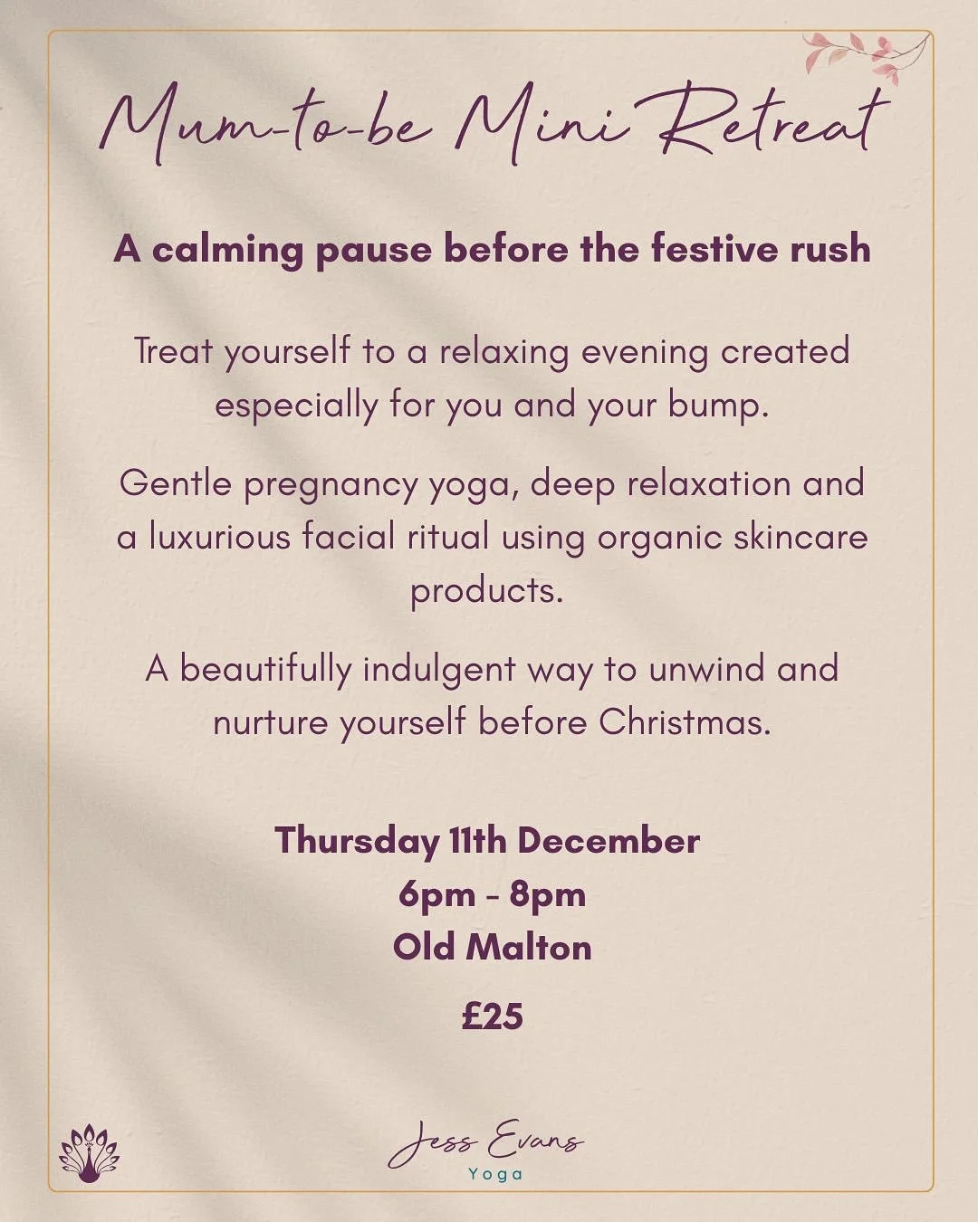 🎄 Take a little pause before the festive season begins 
 💕 This Mum-to-Be Mini Retreat is designed to leave you feeling deeply rested and relaxed.

You&rsquo;ll enjoy:
🧘&zwj;♀️ Gentle pregnancy yoga to ease aches and niggles
💜 A calming guided re