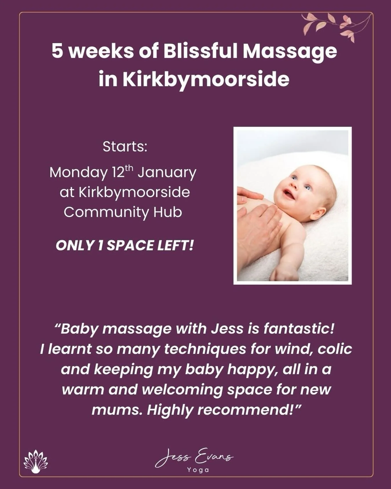 ✨ These relaxed baby massage sessions are a great way for your little one to start interacting with others, plus they offer you a weekly support network of fellow mums to chat with.

✨ An ideal first group class for younger babies, the atmosphere is 
