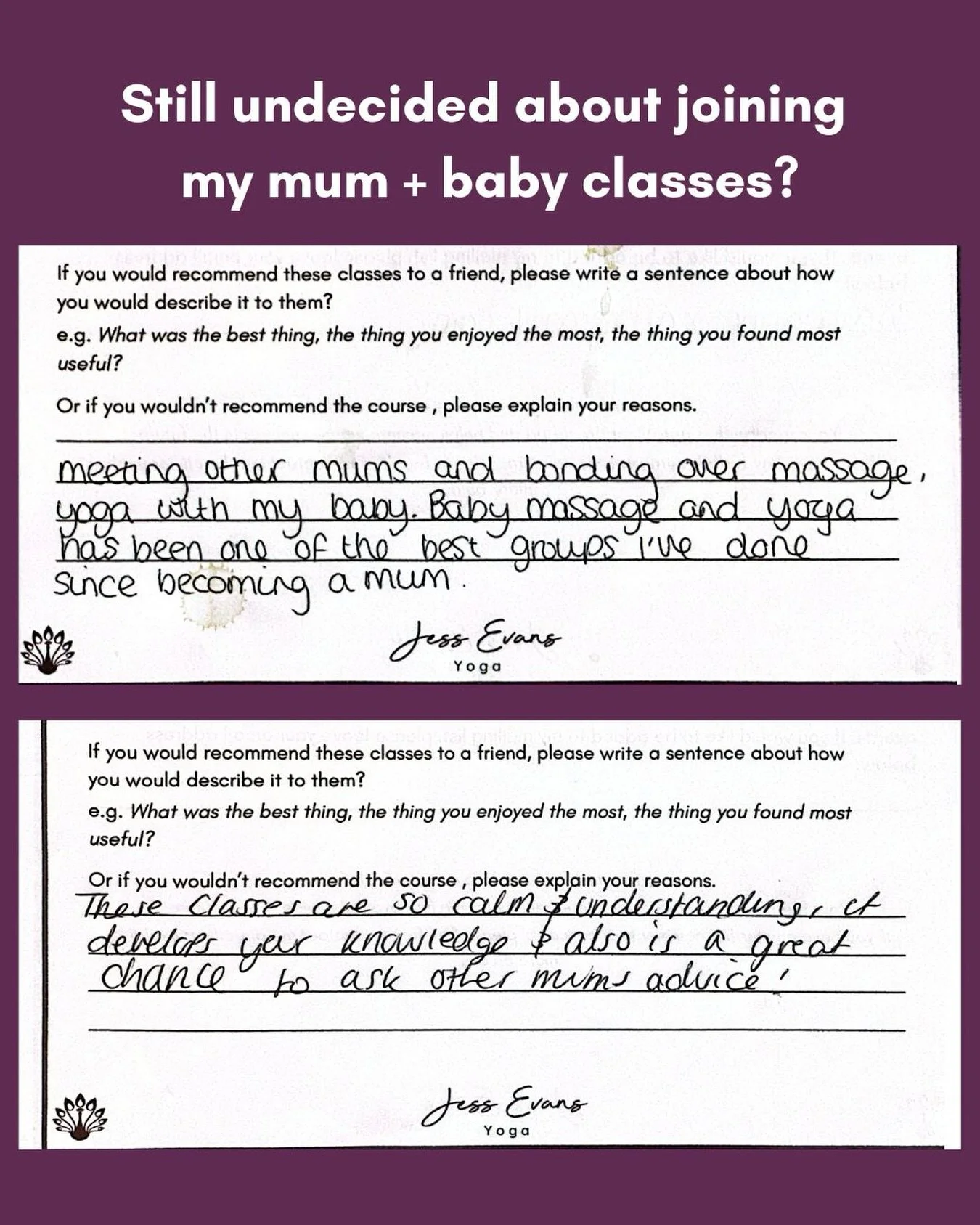 🤔 Still undecided about joining me for a baby massage or mum + baby yoga?

📝 Here&rsquo;s some feedback from 2 mums who have been to both baby massage and baby yoga with me. 

💕 I&rsquo;d love to welcome you and your little one to class, so come a