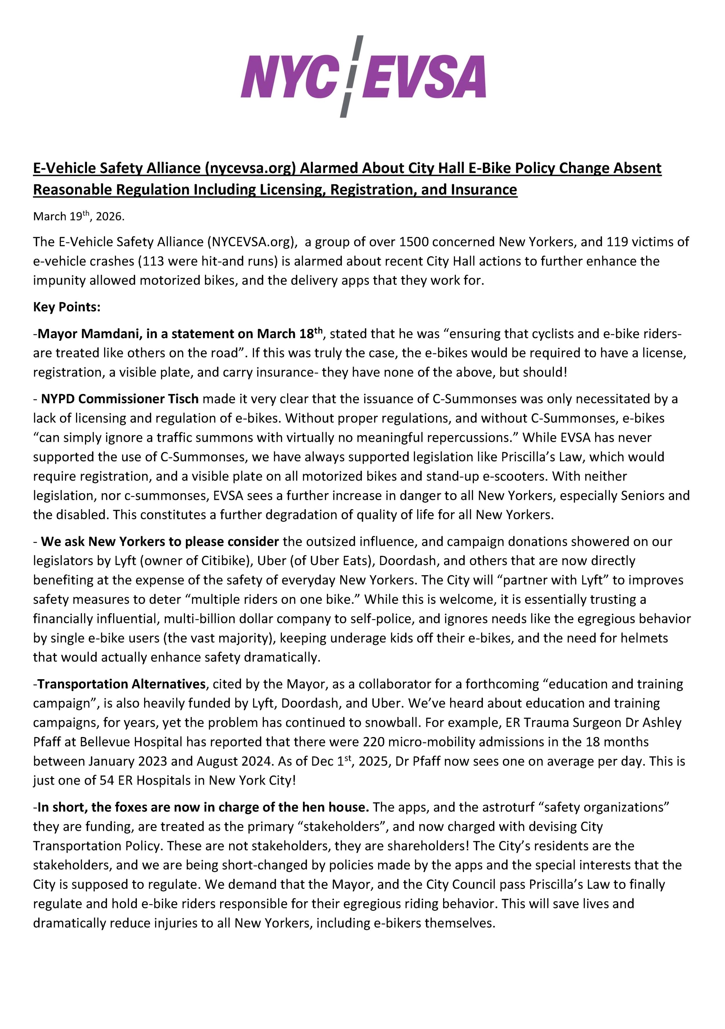 NYC-EVSA press release listing concerns about City Hall e-Bike policy changes.