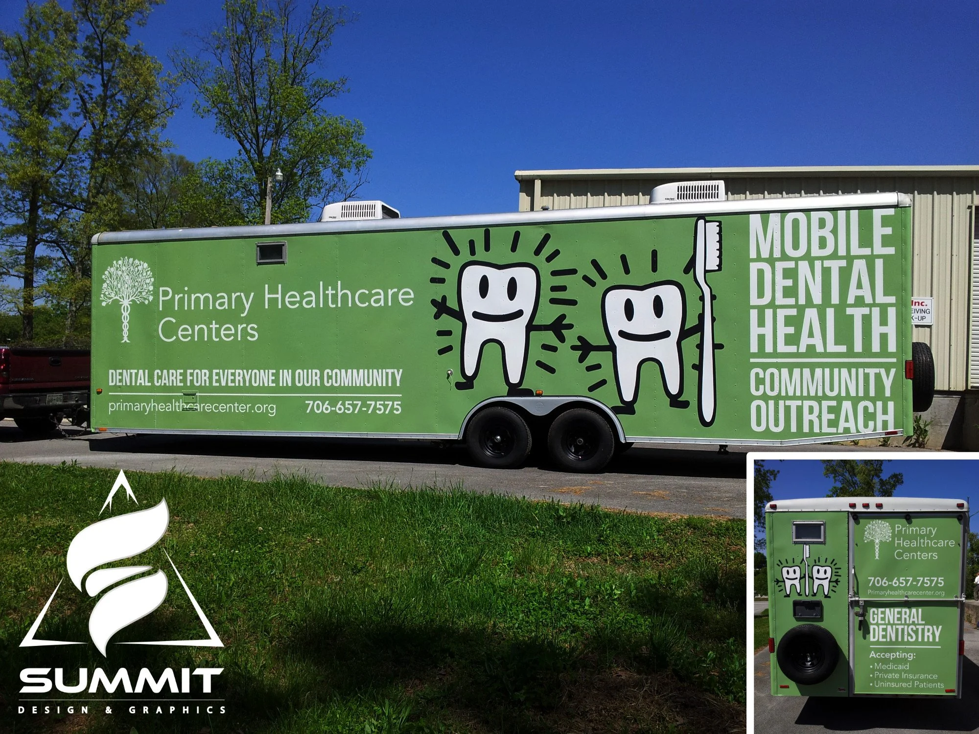 Parked business trailer wrapped in advertising and branding