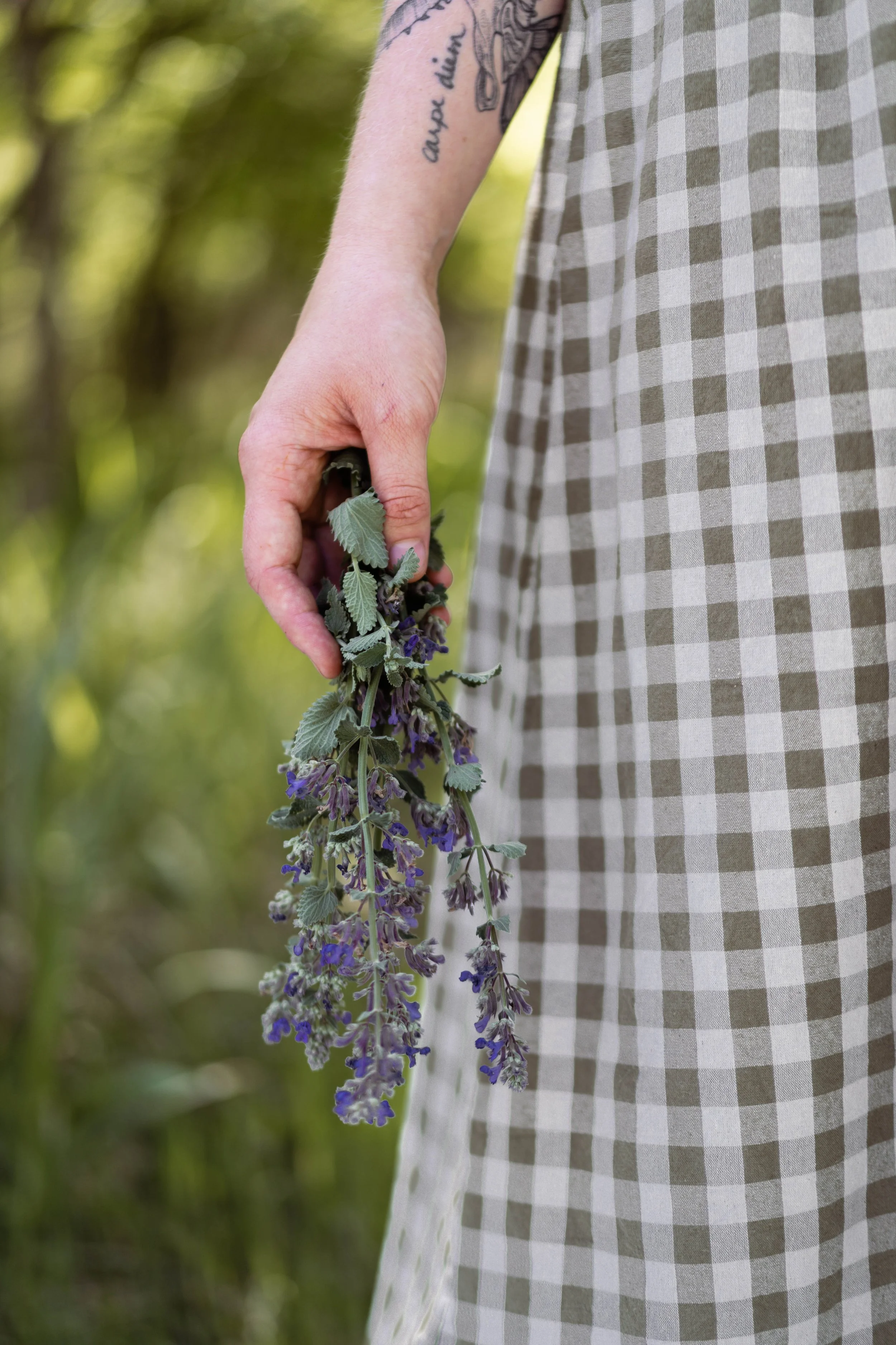 Person in a checkered dress holding a bunch of purple flowers outside with greenery in the background.