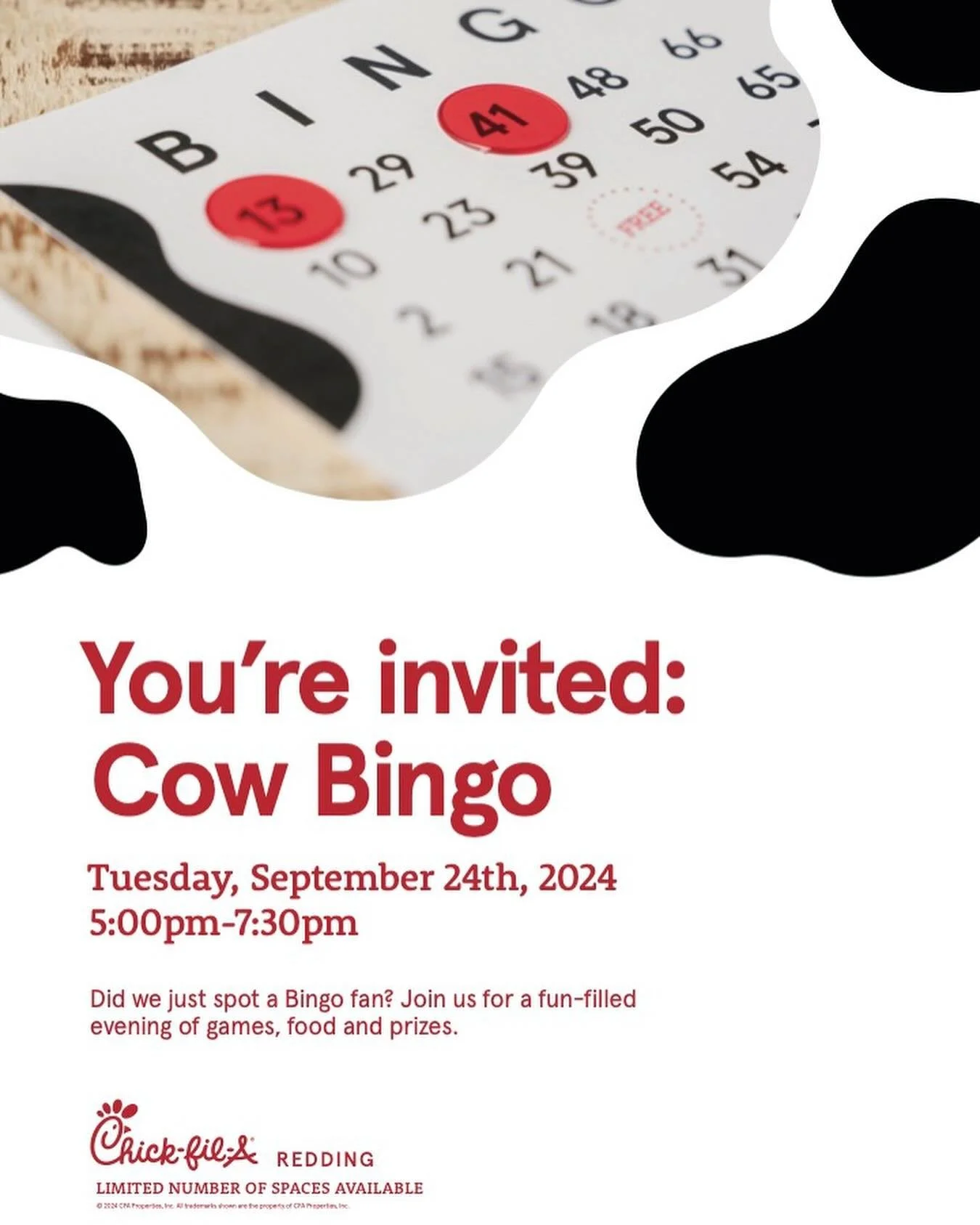 COW BINGO IS TONIGHT!

Come join us for some fun games and prizes! 
We will be giving out exclusive CFA merch and good time for all! 

No entrance fee required! 

We would love to see you there :) 

5:00pm - 7:30pm in the CFA dining room!