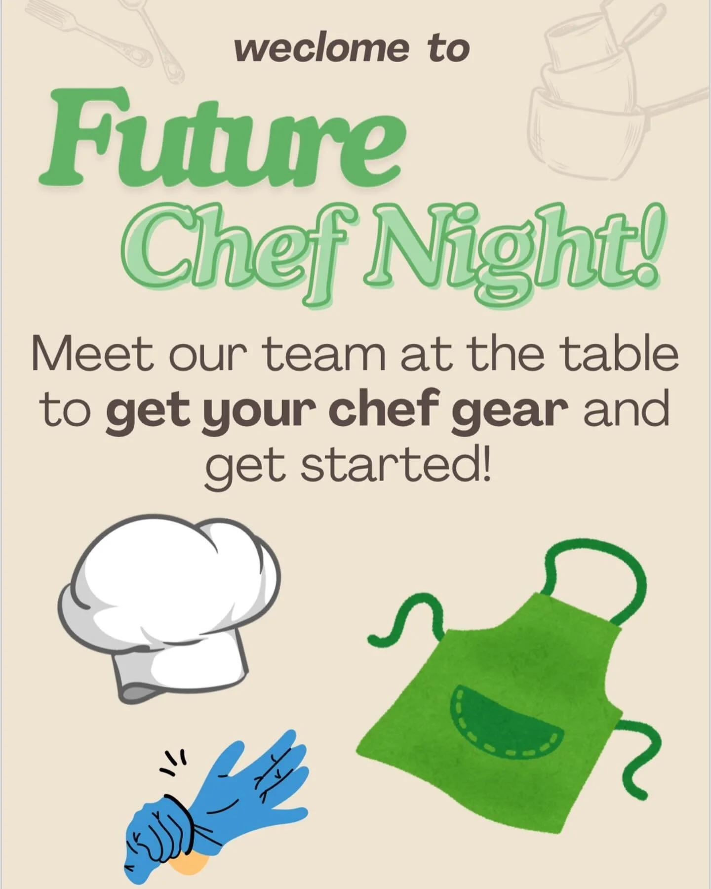 Come join us TONIGHT! 
November 19th, 4:30-7:00 for our first ever FUTURE CHEF NIGHT! 

We will be taking our future chefs through a &ldquo;practice kitchen&rdquo; experience with our REAL Chick-fil-A chefs to see what goes into making our food so de