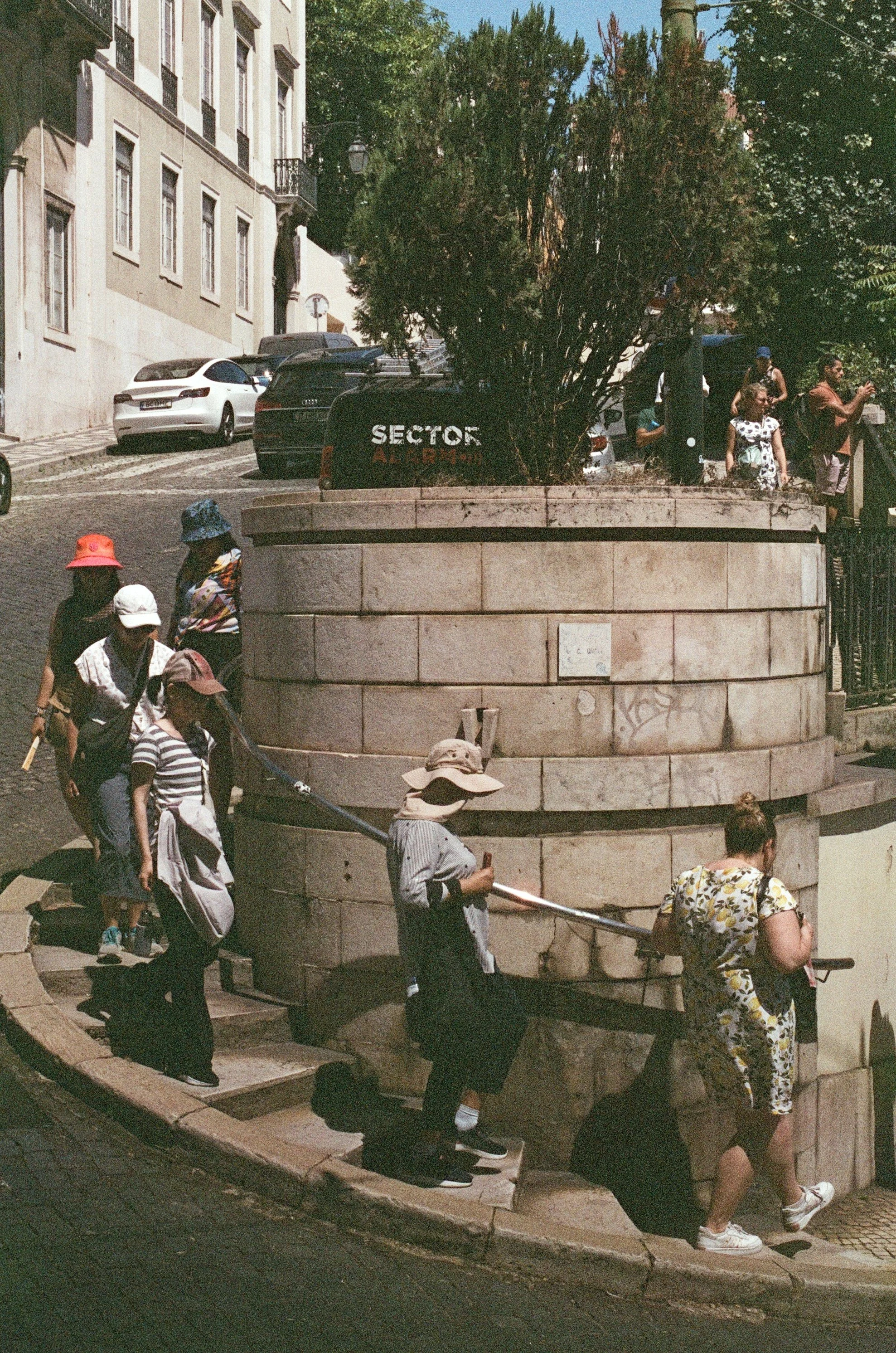 People walking down a small staircase outside a building, with parked cars and greenery in the background.