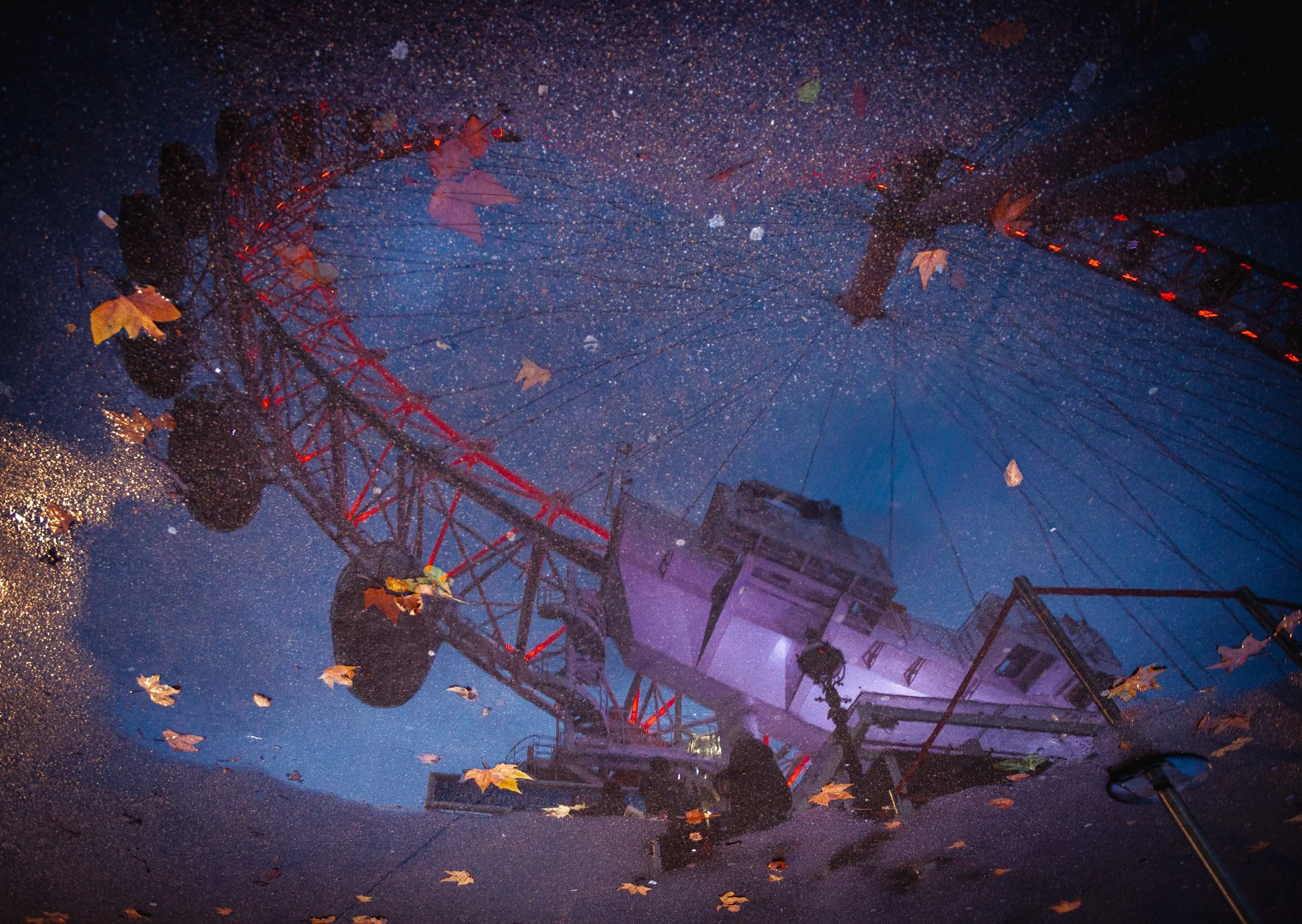 Reflection of a Ferris wheel, building, and streetlamp in a puddle, with falling autumn leaves and starry night sky