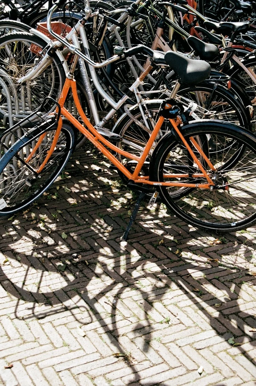 Multiple parked bicycles casting shadows on a brick sidewalk.