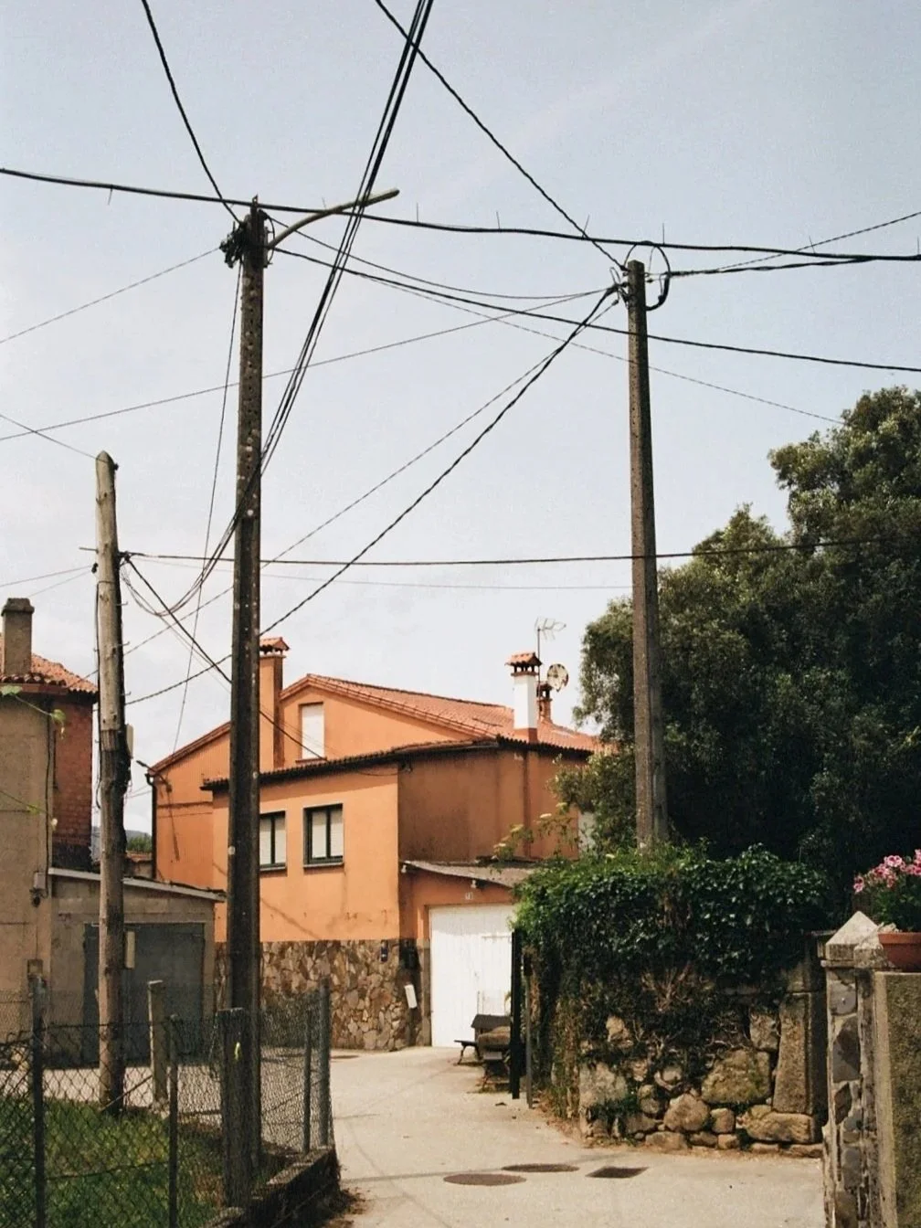 A suburban street scene with old utility poles and wires, a peach-colored house with a stone foundation, a white garage door, and trees and greenery surrounding the area.
