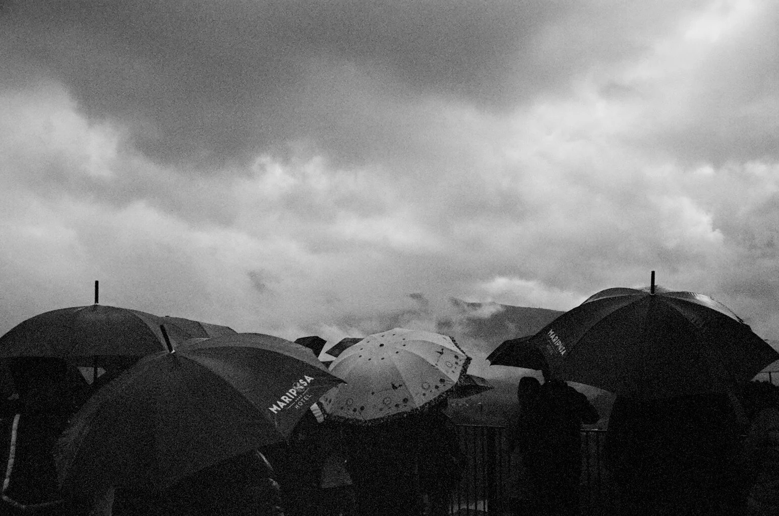 Black and white photograph of multiple umbrellas held by people on a cloudy day, with mountains in the background.