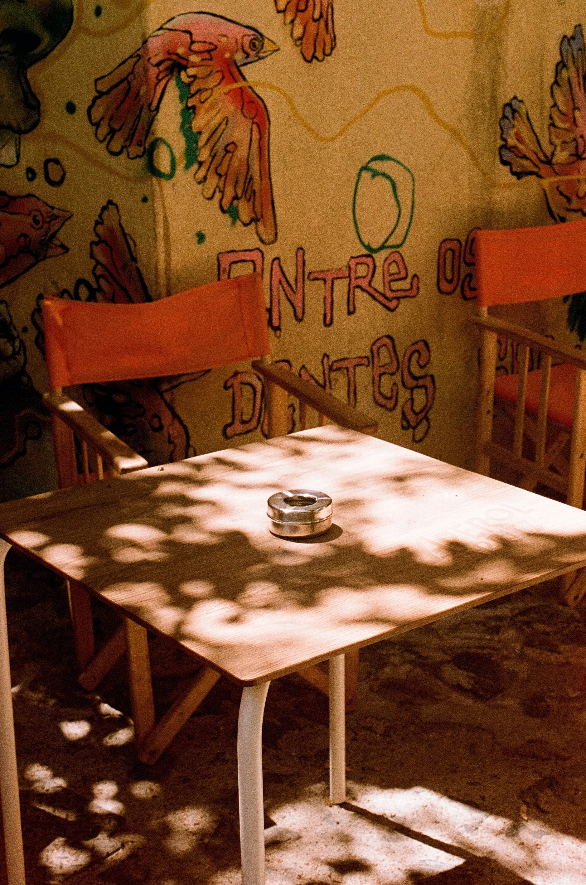An outdoor seating area with a wooden table and pink chairs, shaded by dappled sunlight, located near a colorful mural wall with fish illustrations and partially visible text.