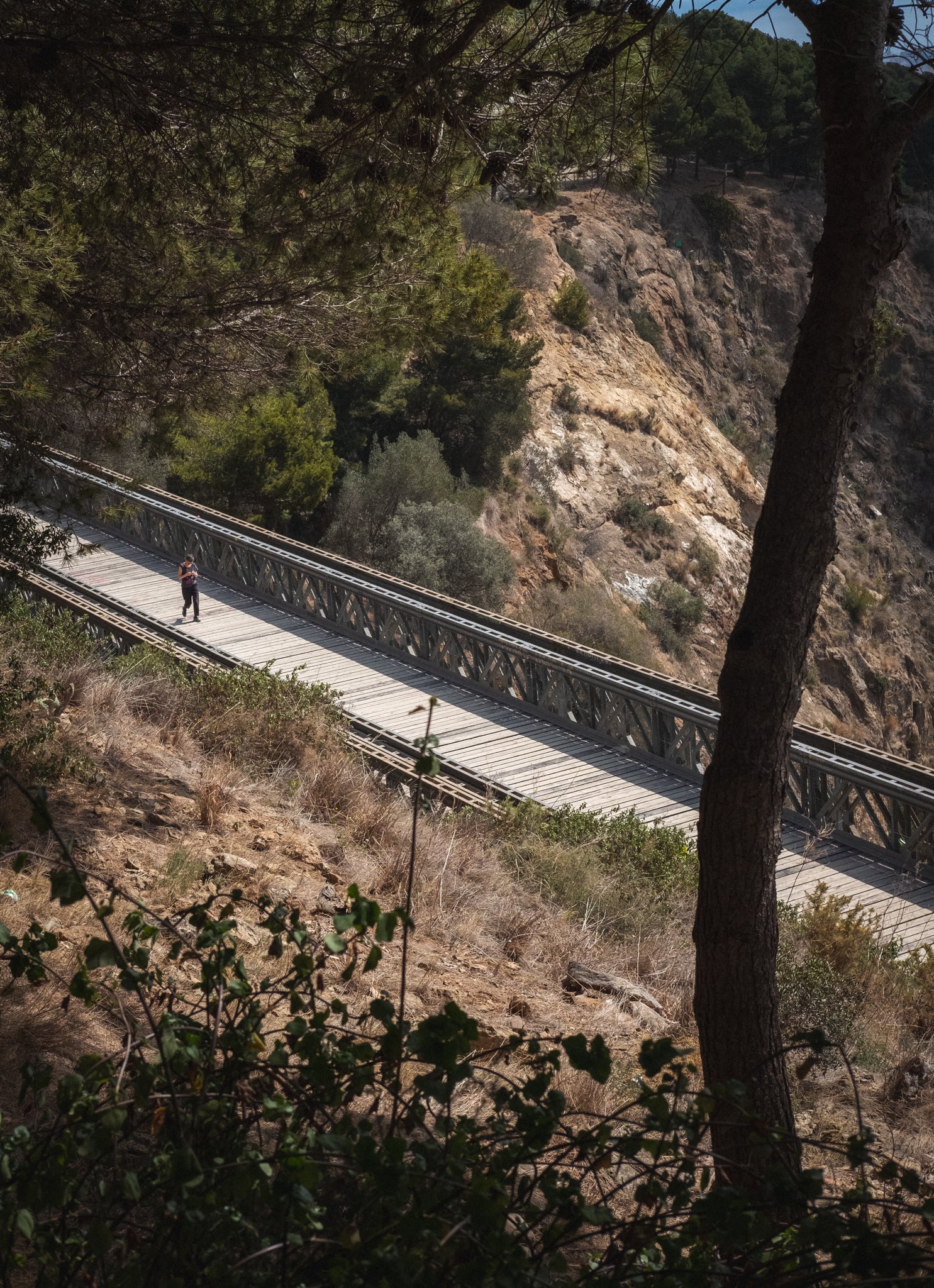 A person walking on a long, narrow steel bridge in a mountainous area with trees and rocky cliffs.