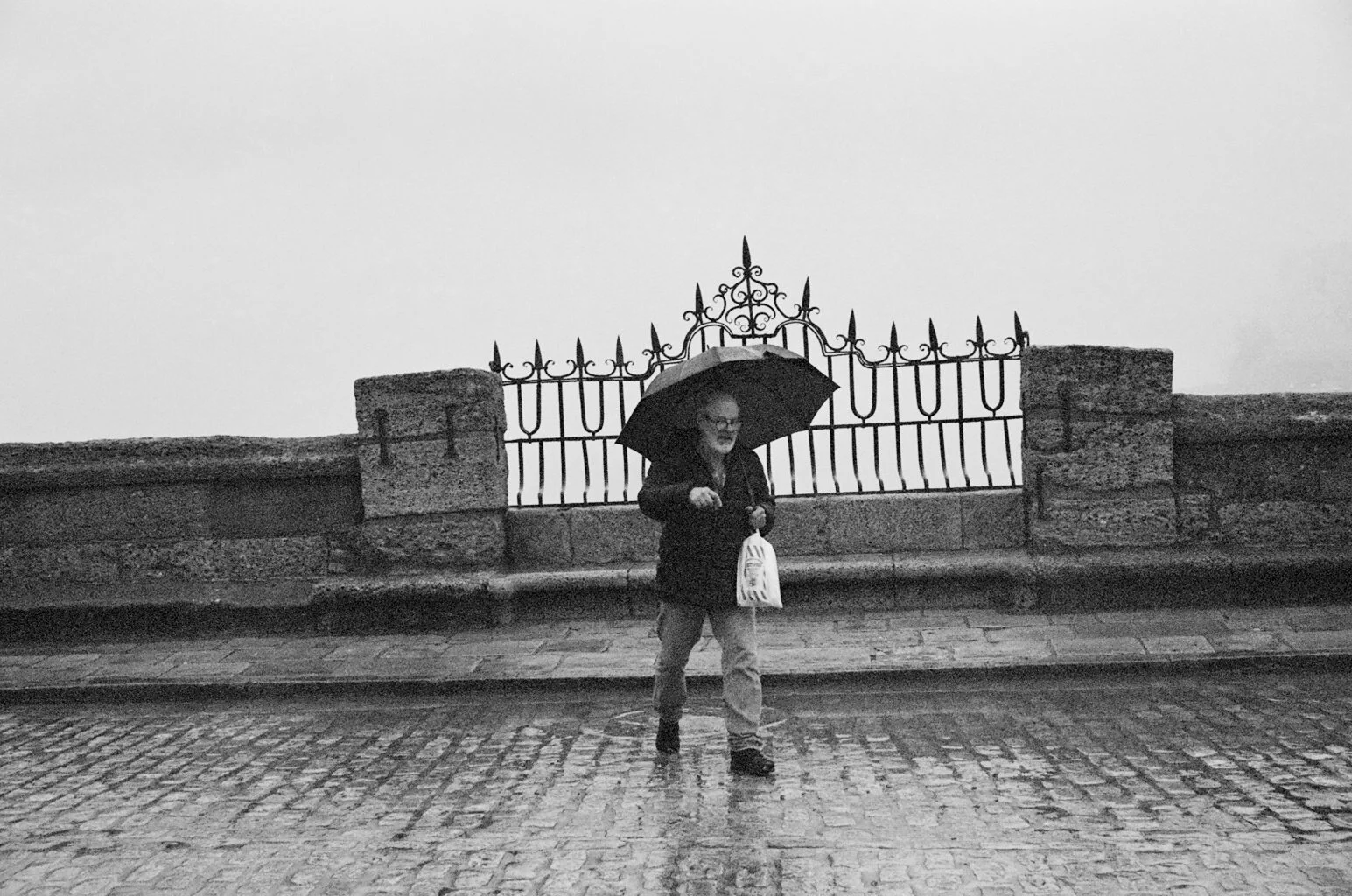 A man walking on a wet cobblestone street holding an umbrella, with an iron gate and stone wall in the background on a rainy day.