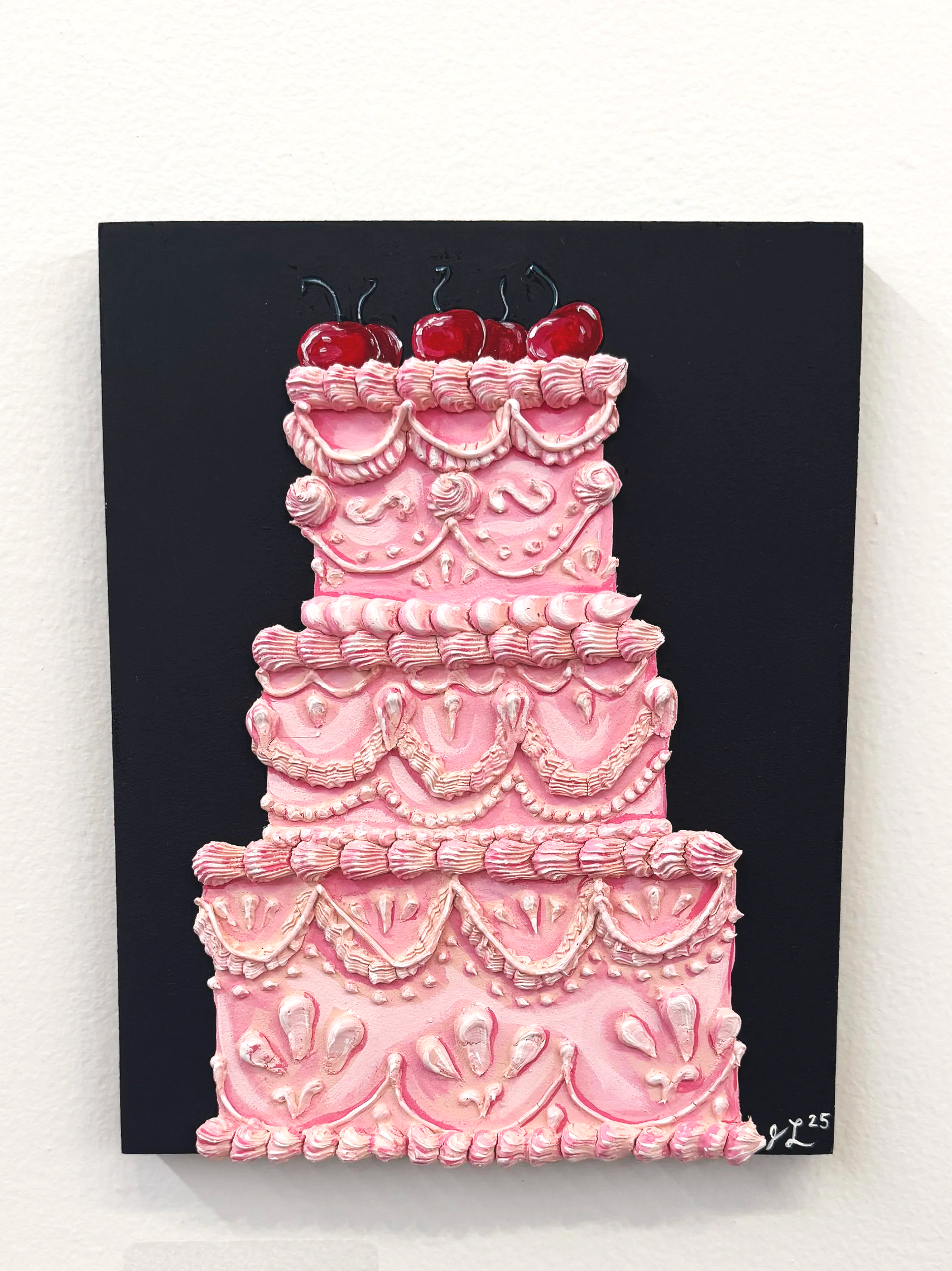 Cake in 3D - 2025- gouache and modeling paste on wood- 8" x 10" SOLD