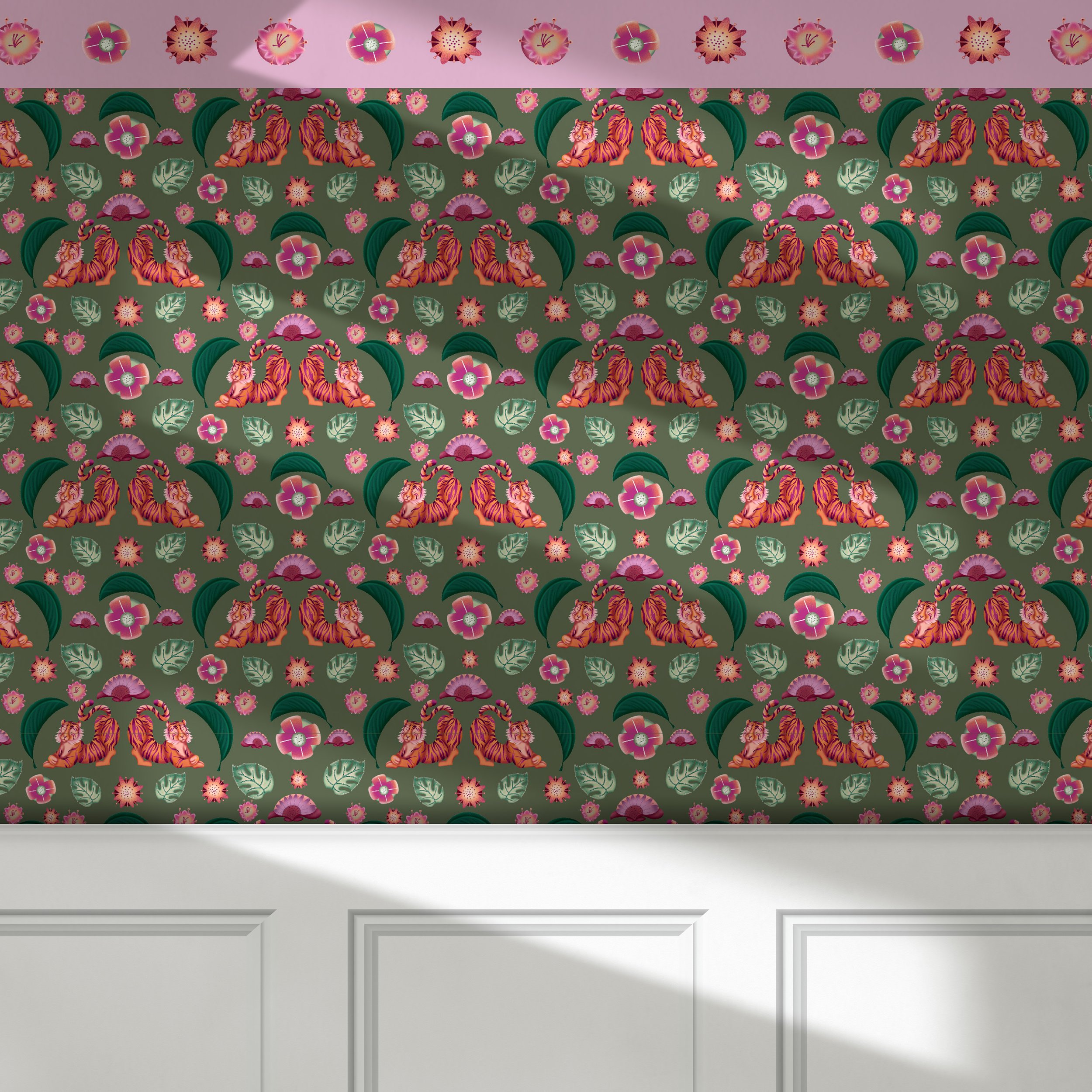 Tiger bedroom pattern wallpaper mockup 2023