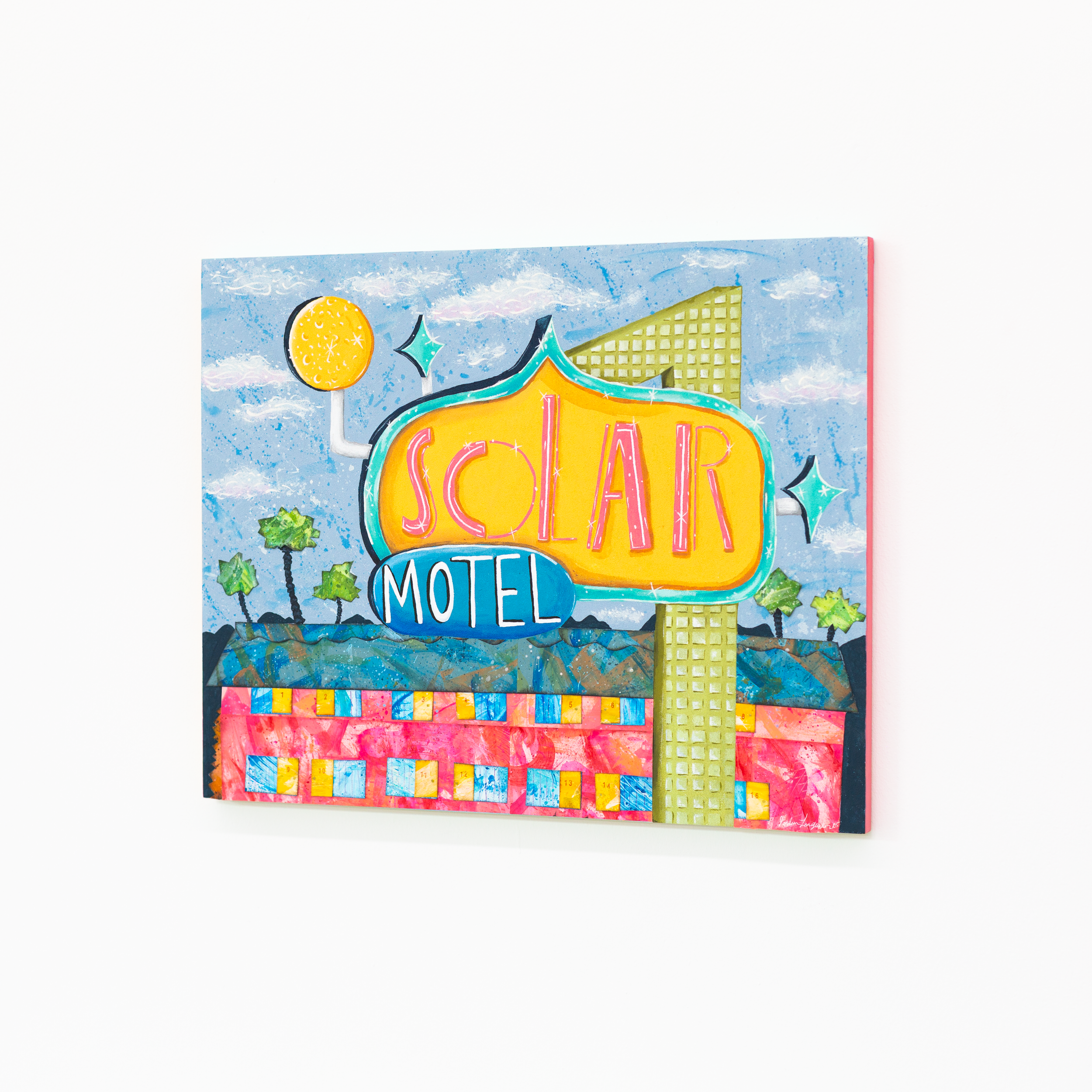 The Solar Motel, 2025- Acrylic, Ink, Cut Paper on Wood Panel- 16" × 20"