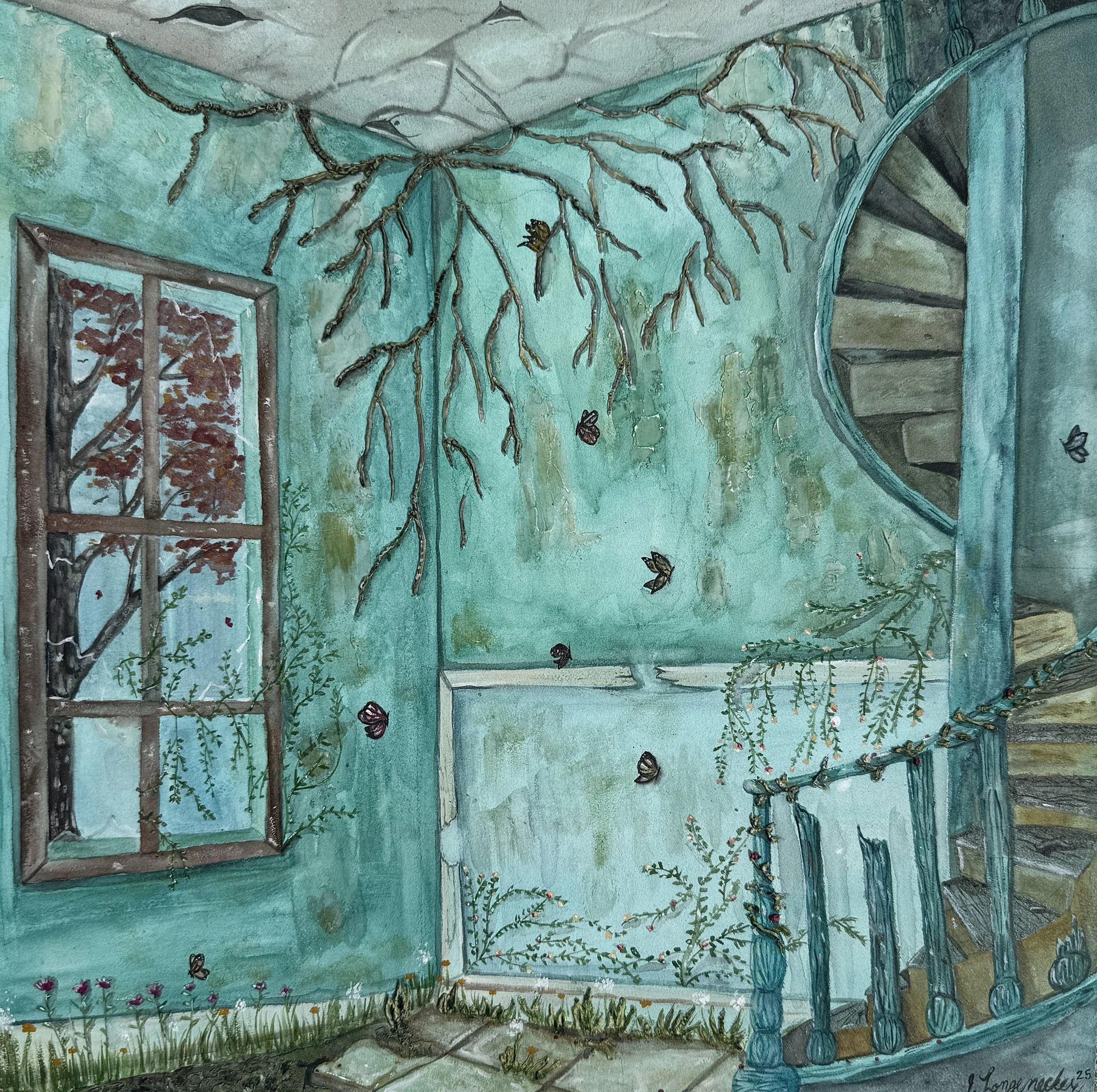 Outside In- 2025 - Watercolor and modeling paste on panel 