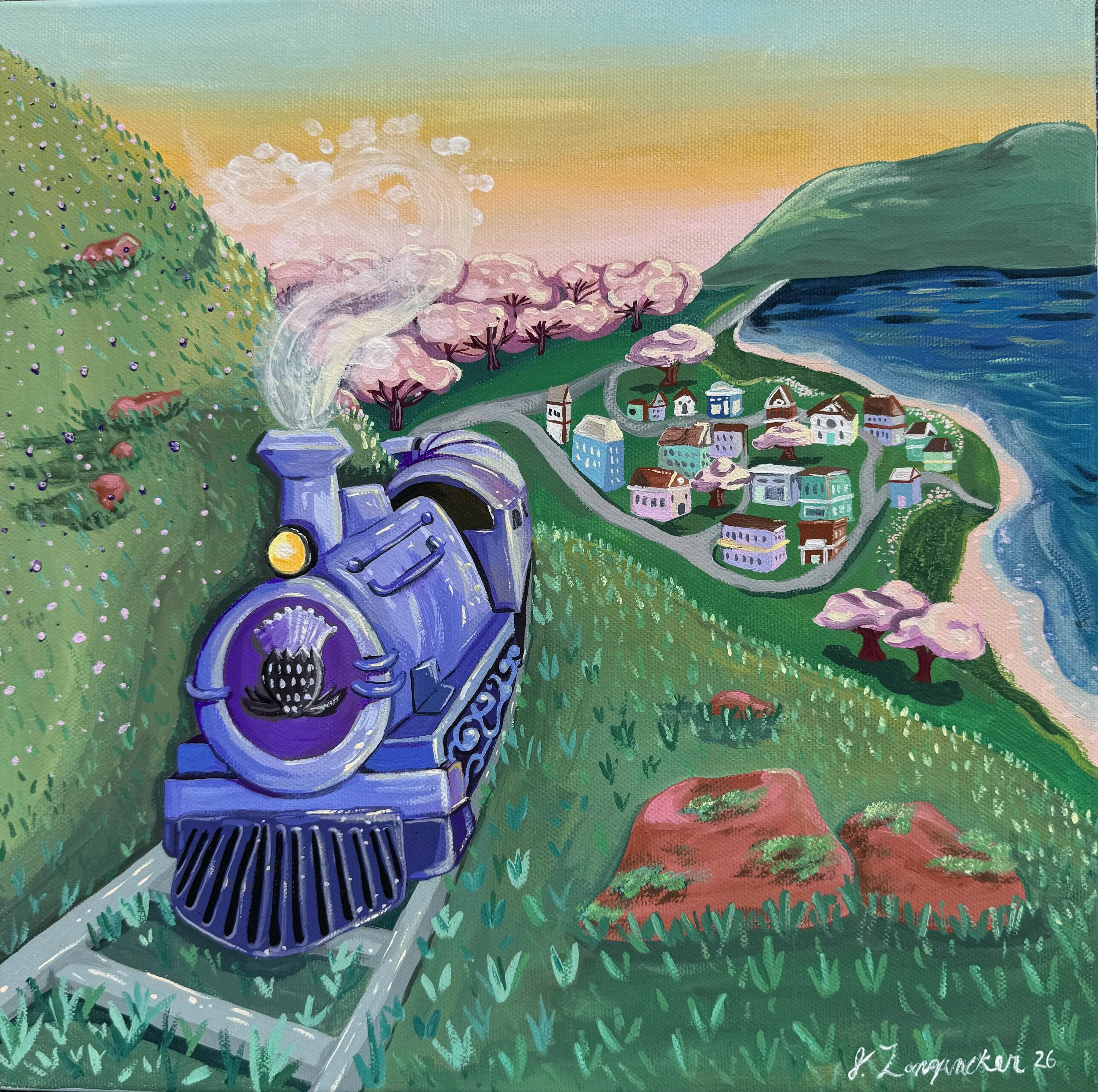 Colorful painting of a purple steam locomotive traveling on train tracks through a lush green landscape with pink cherry blossom trees, overlooking a coastal village with houses, a tower, and a lake at sunset.