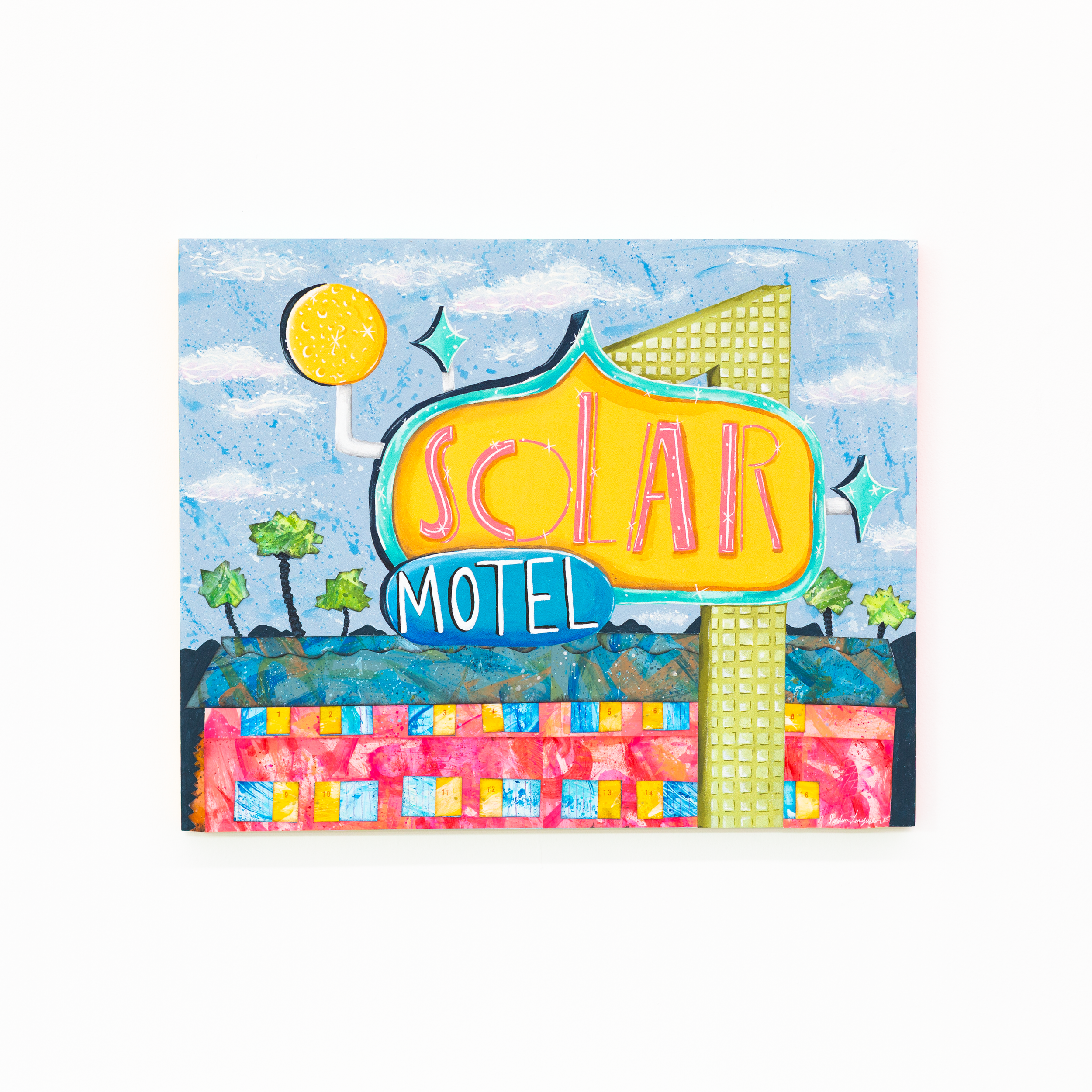 The Solar Motel, 2025- Acrylic, Ink, Cut Paper on Wood Panel- 16" × 20"