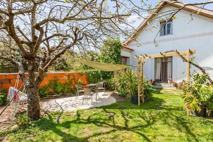 Garden at Monet Frio Alpacas with a mature tree, table and chairs, swing, wooden trellis, and white house with a red roof.