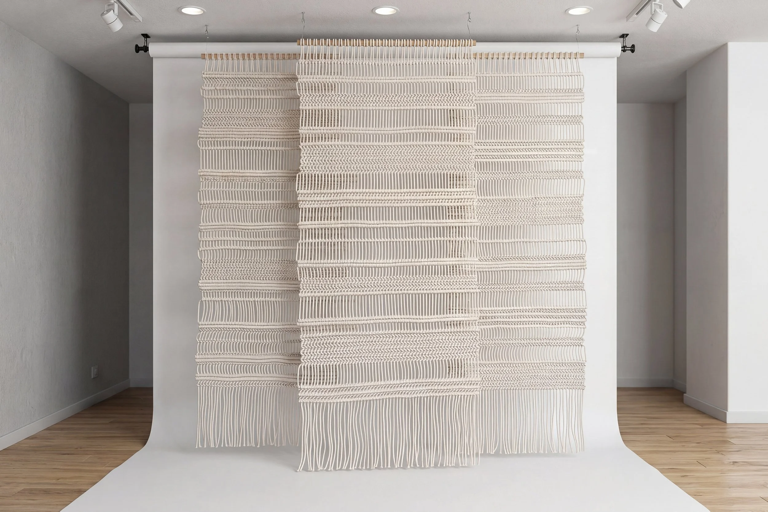 Luxury high end macrame textile art, large scale and made to order in custom organic cotton or custom colors