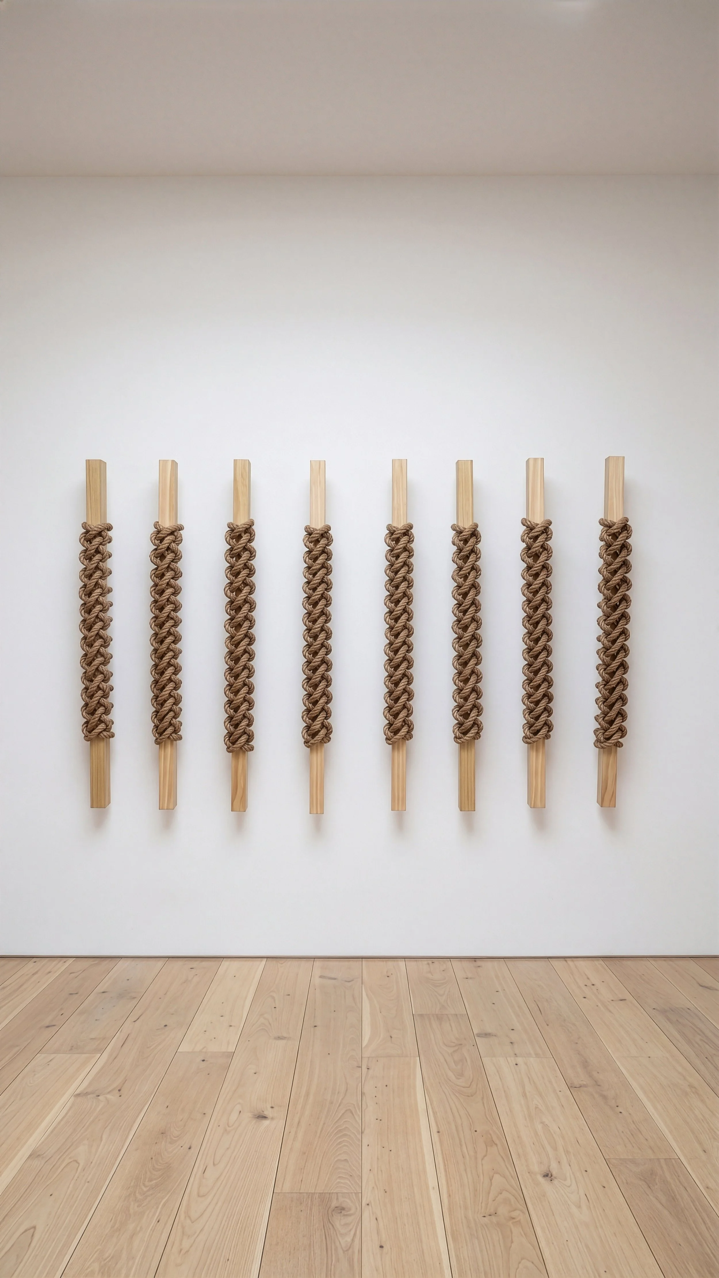 Hand-knotted natural jute  sculptural rope relief  mounted wood slats artwork