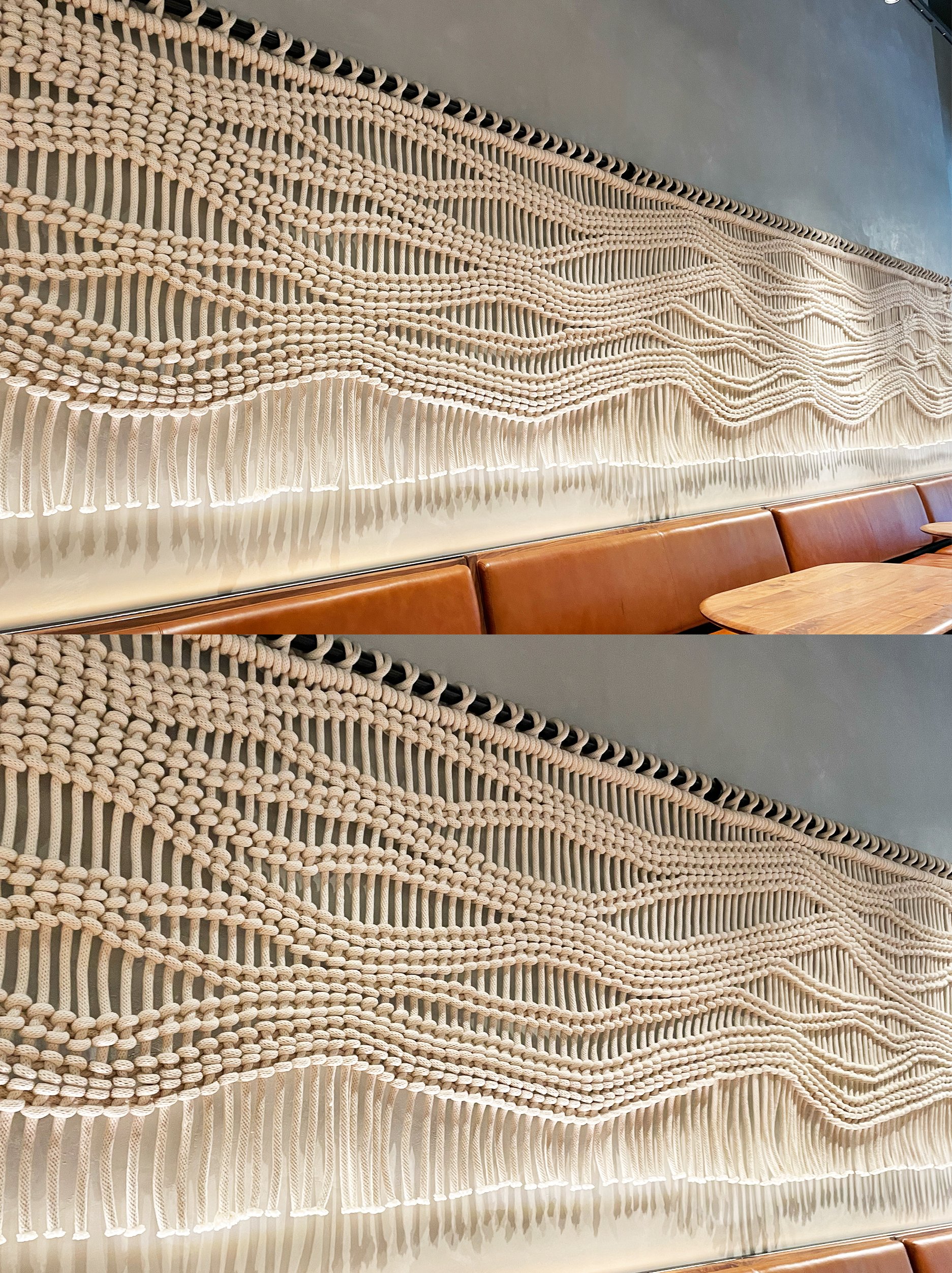 large-scale wall textile installation, starbucks macrame, starbucks nyc rope art, starbucks wall hanging
