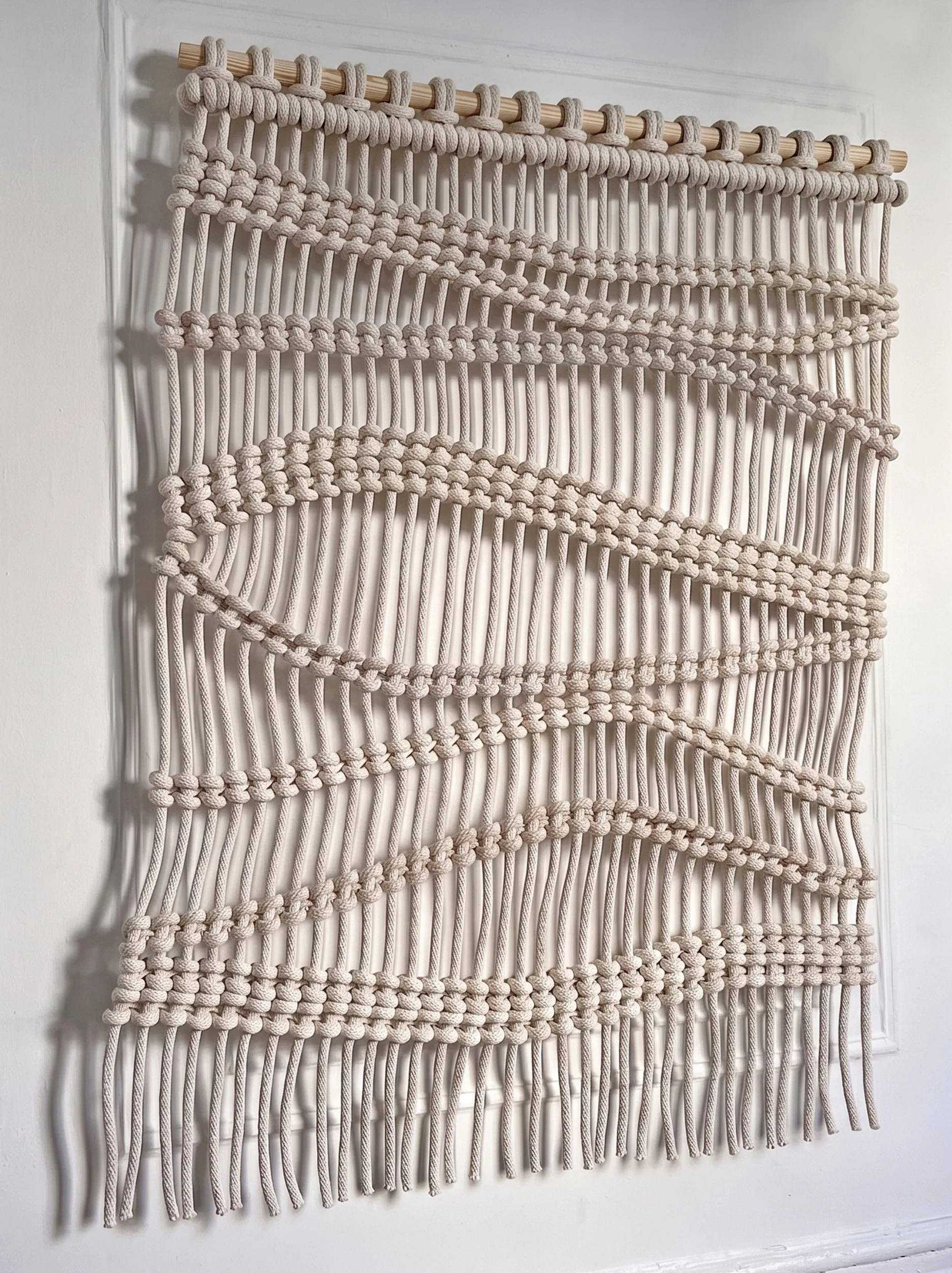 Knotted rope wave pattern large wall hanging room divider handmade from thick cotton rope