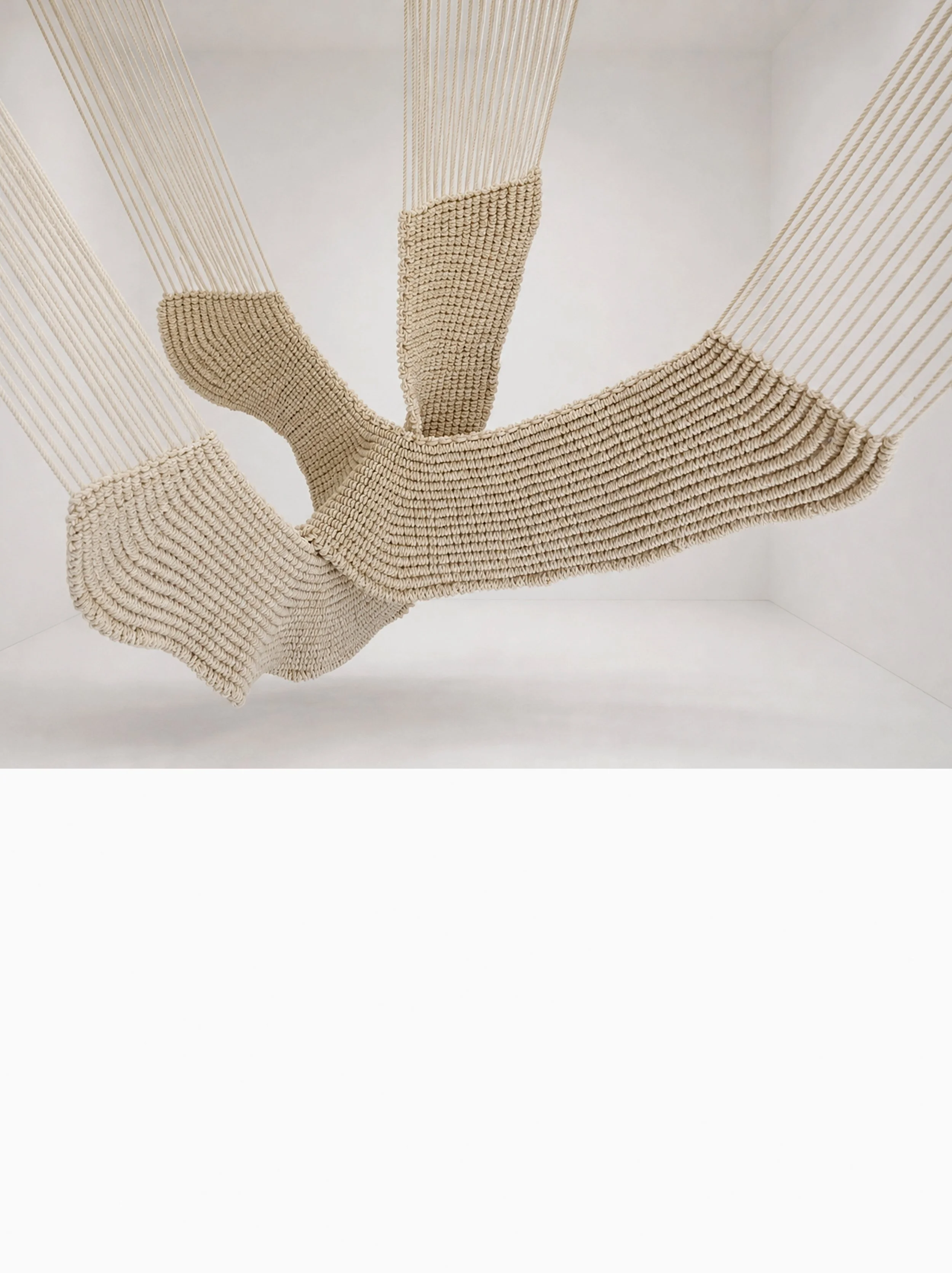 Monumental suspended rope sculpture made from natural white cotton