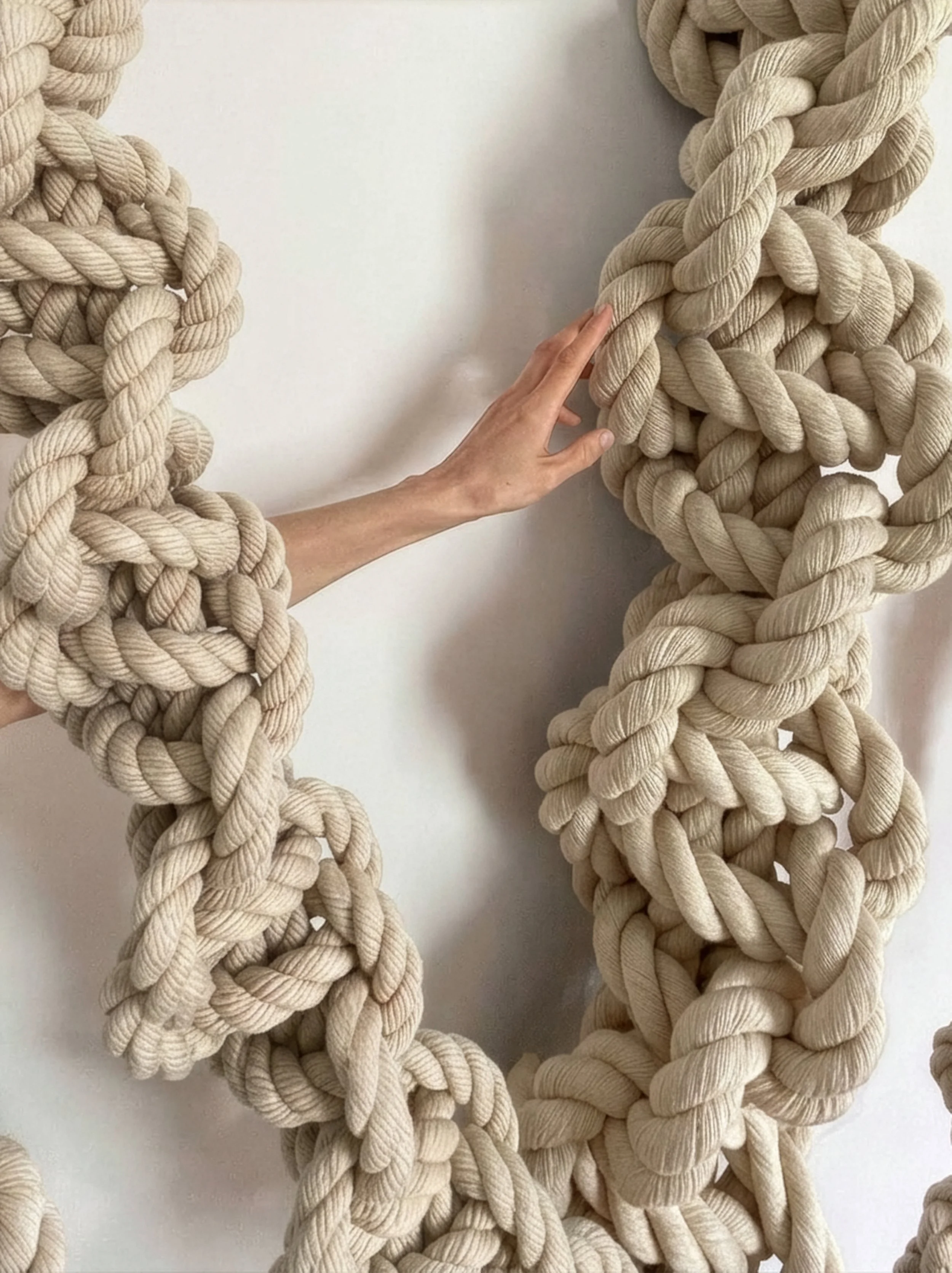 Monumental Spiral Rope Sculpture knotted from extra thick organic cotton twisted white rope