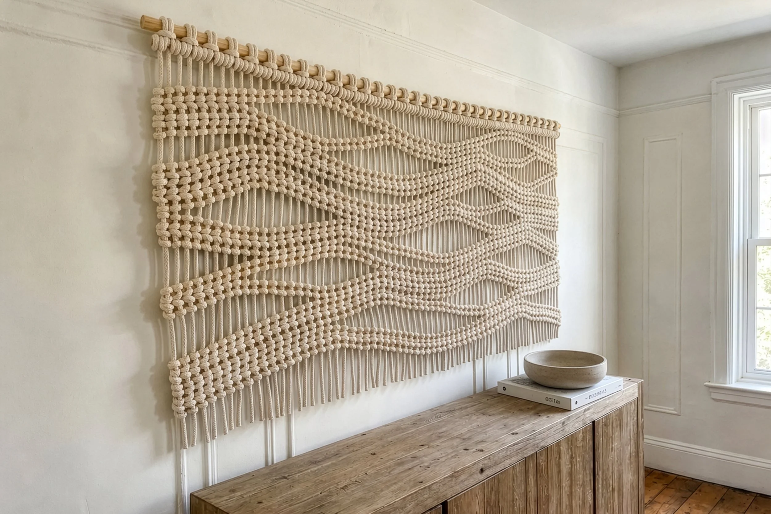 WAVE ROPE KNOT SCREEN + LARGE SCALE FIBER ART WALL HANGING 8' (custom colors + sizes)