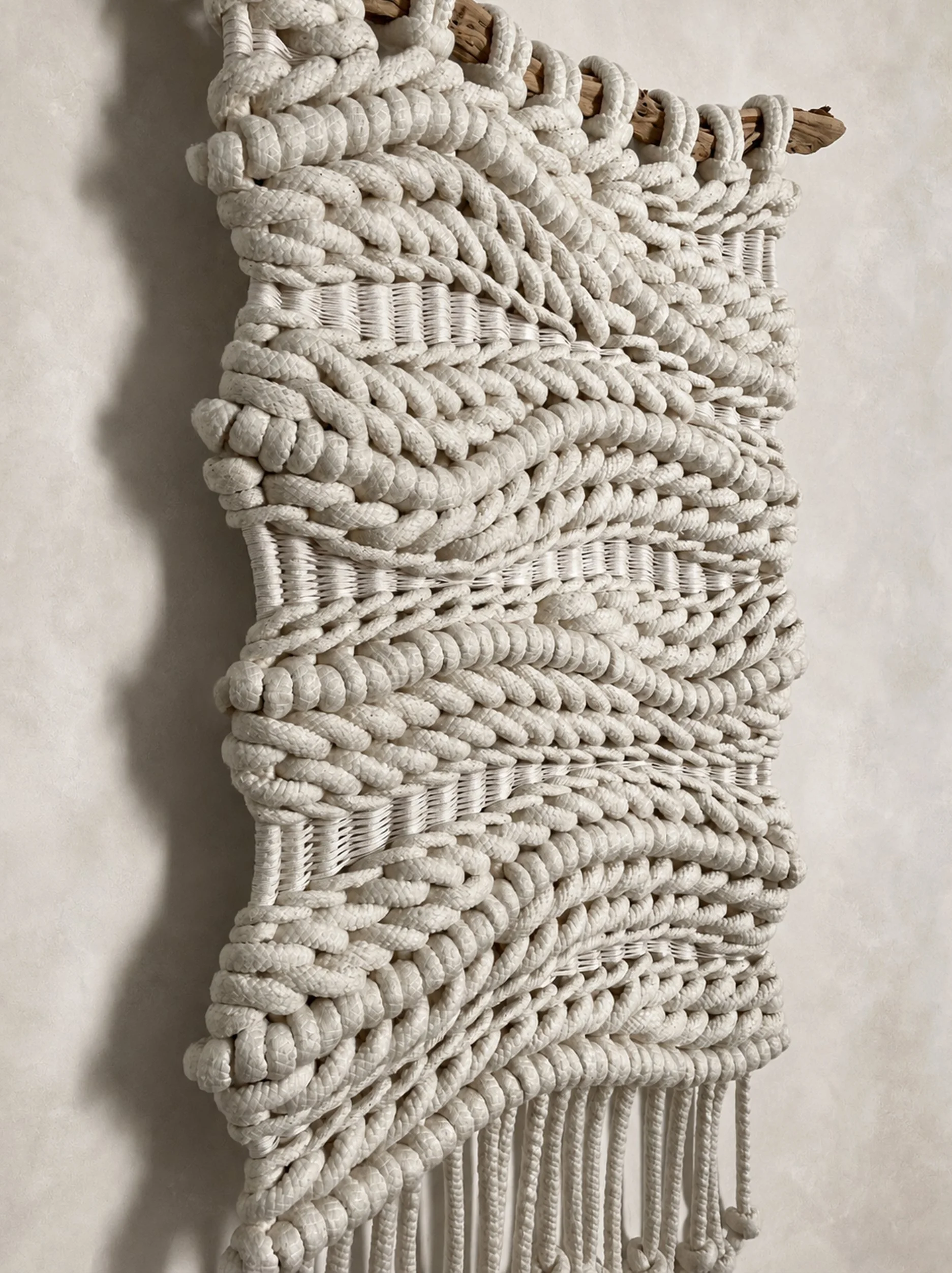 Soft Sculpture Macrame-Weaving Wall Hanging Handmade From Chunky Cozy Cotton Cord
