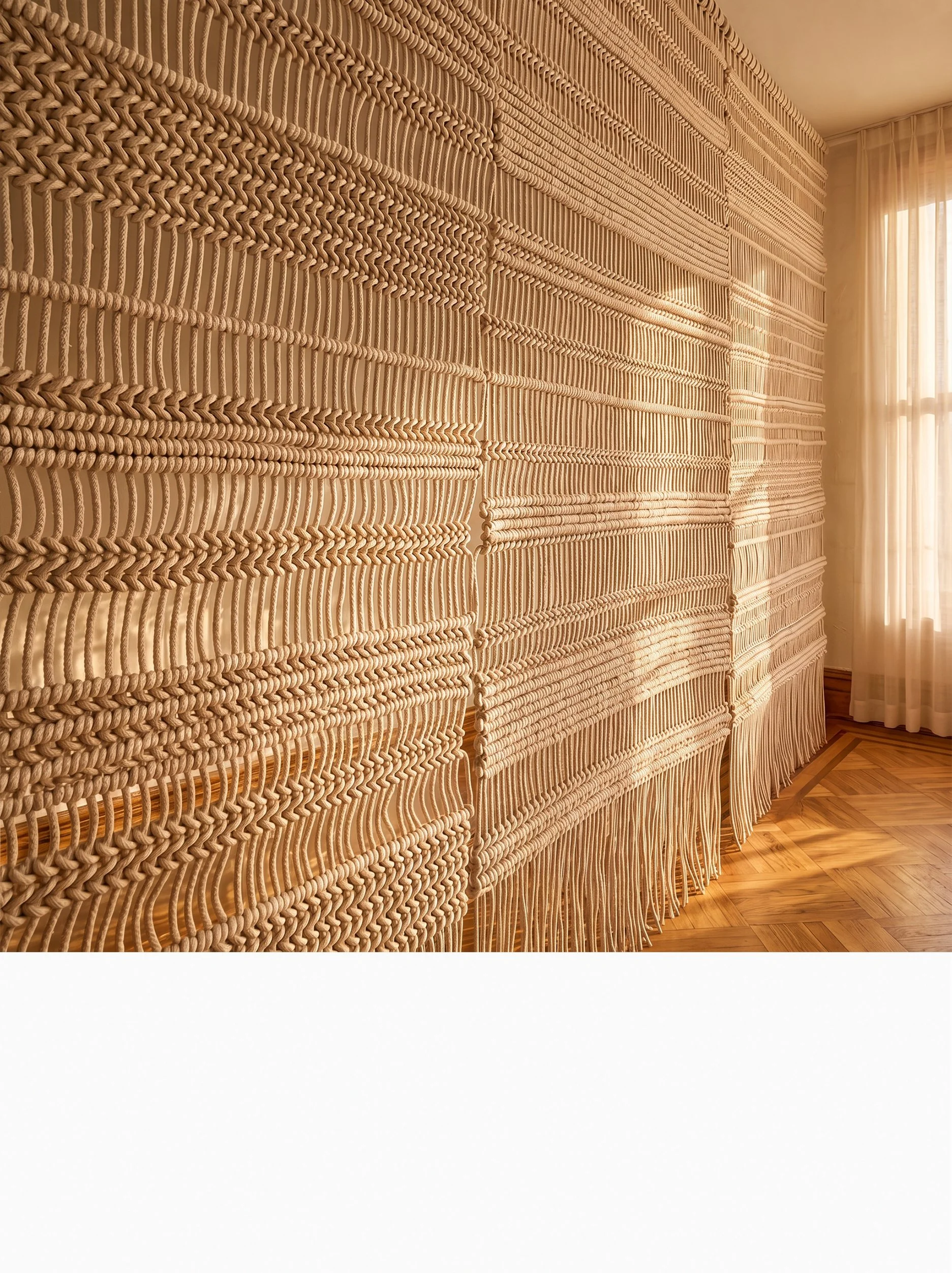 Large textile tapestry wall covering knotted from white cotton rope (custom colors available) by Maeve Pacheco fiber artist