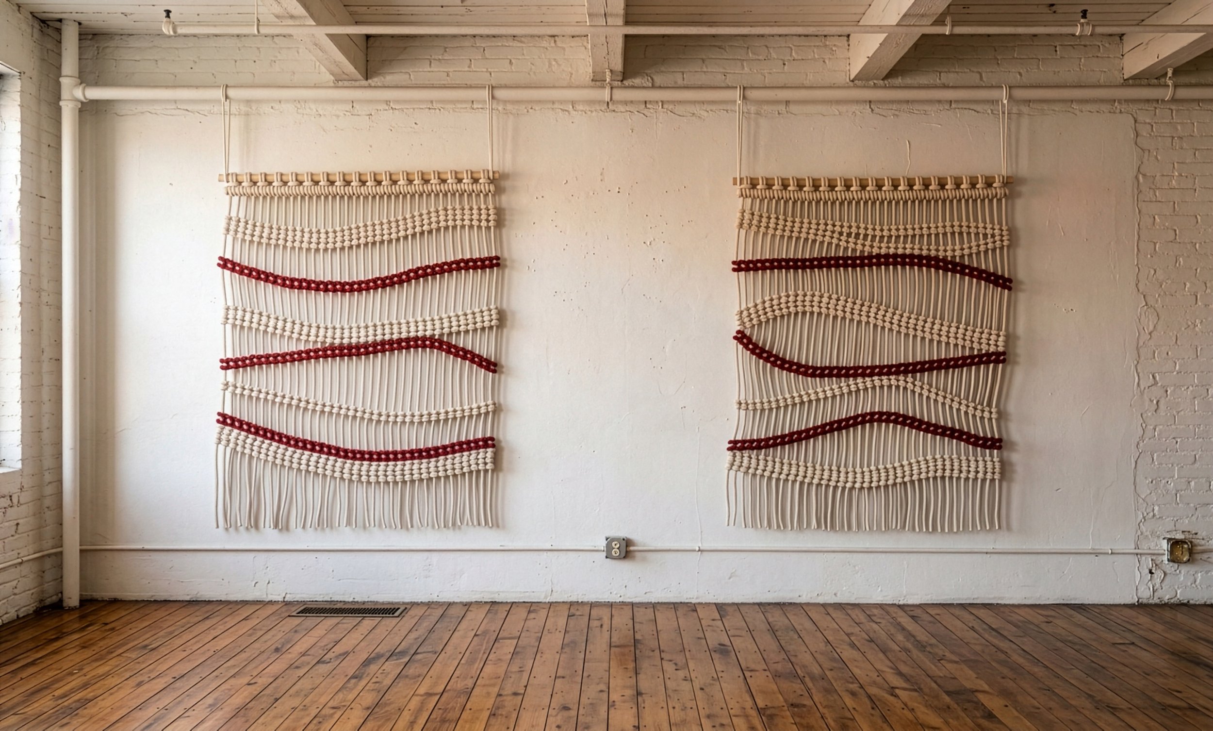 Red rope room dividers made from hand-dyed rope and knotted by hand in large wave patterns