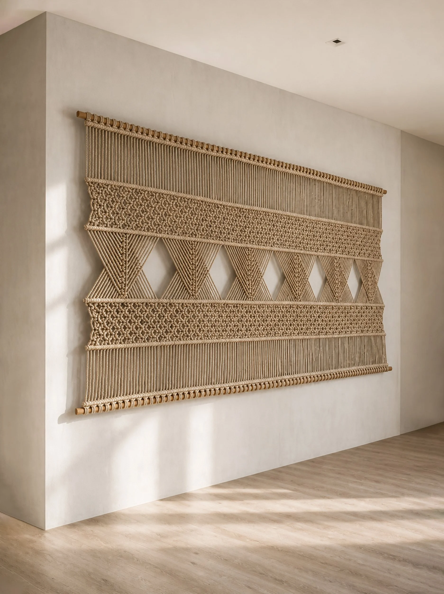 Bespoke gold and metallic fiber art macramé screen options for luxury interior design commissions.