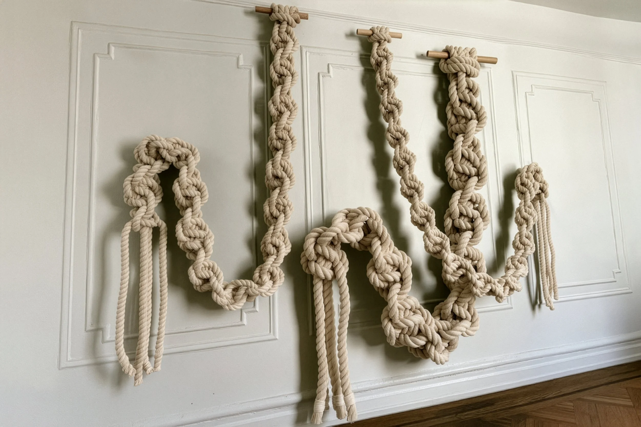 Monumental Spiral Rope Sculpture | 12-Foot Natural White Cotton Fiber Art Installation