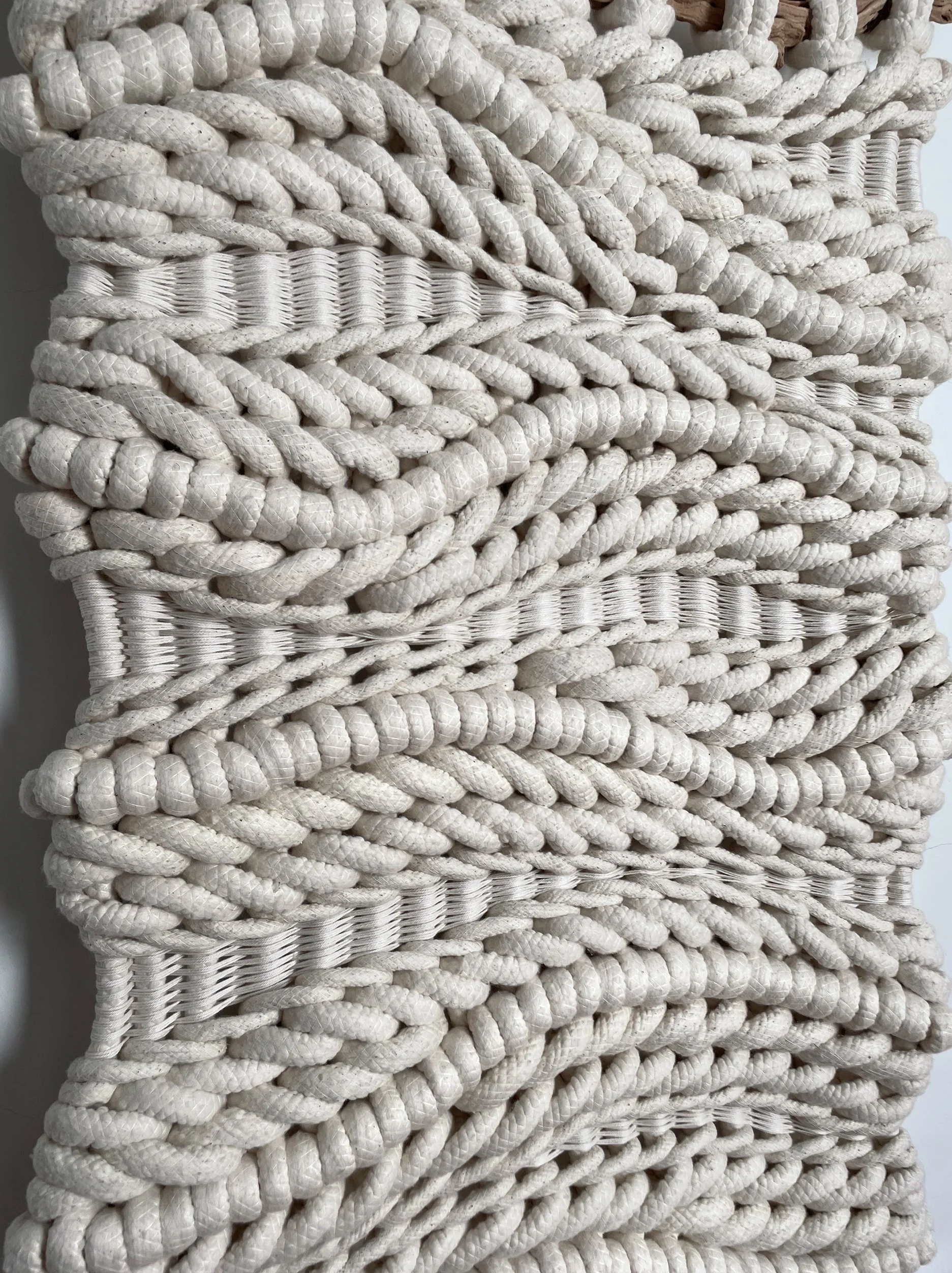 Organic curves macrame + weaving wall hanging textile art handmade from chunky plush soft cotton cord in warm white